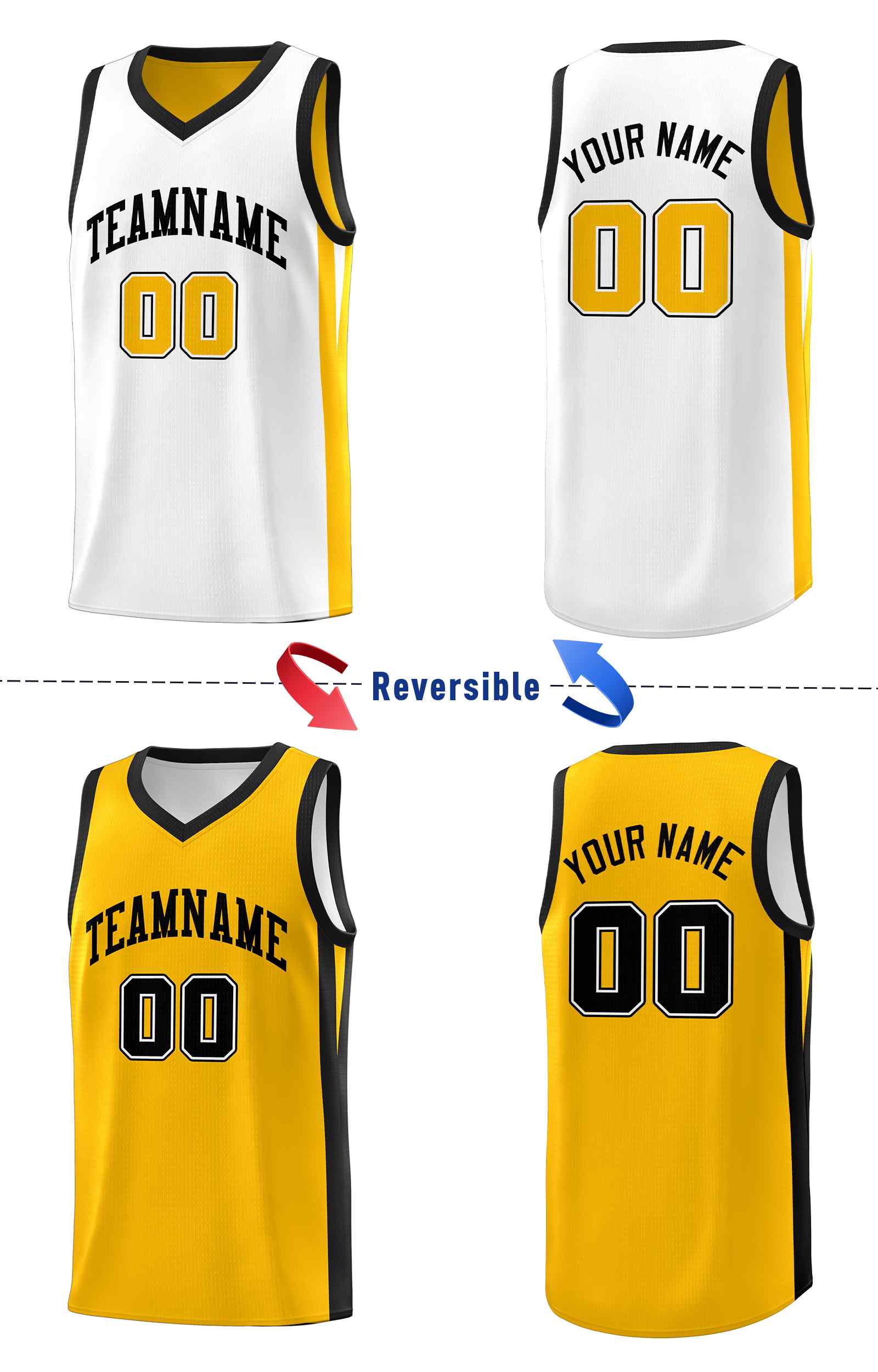 Le double côté jaune blanc fait sur commande place le maillot de basket-ball d'hommes