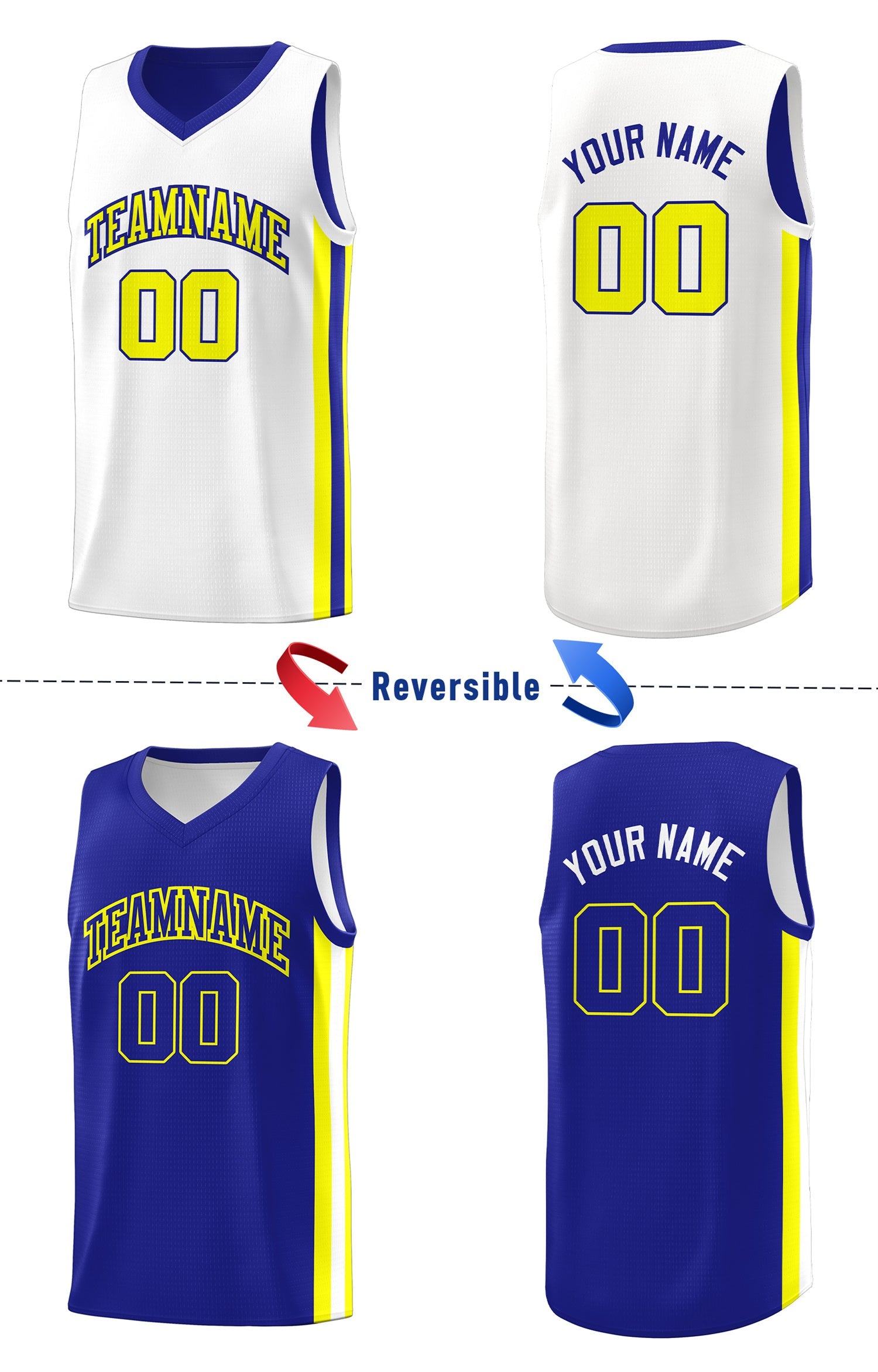 Custom Royal White-Yellow Double Side Tops Basketball Jersey