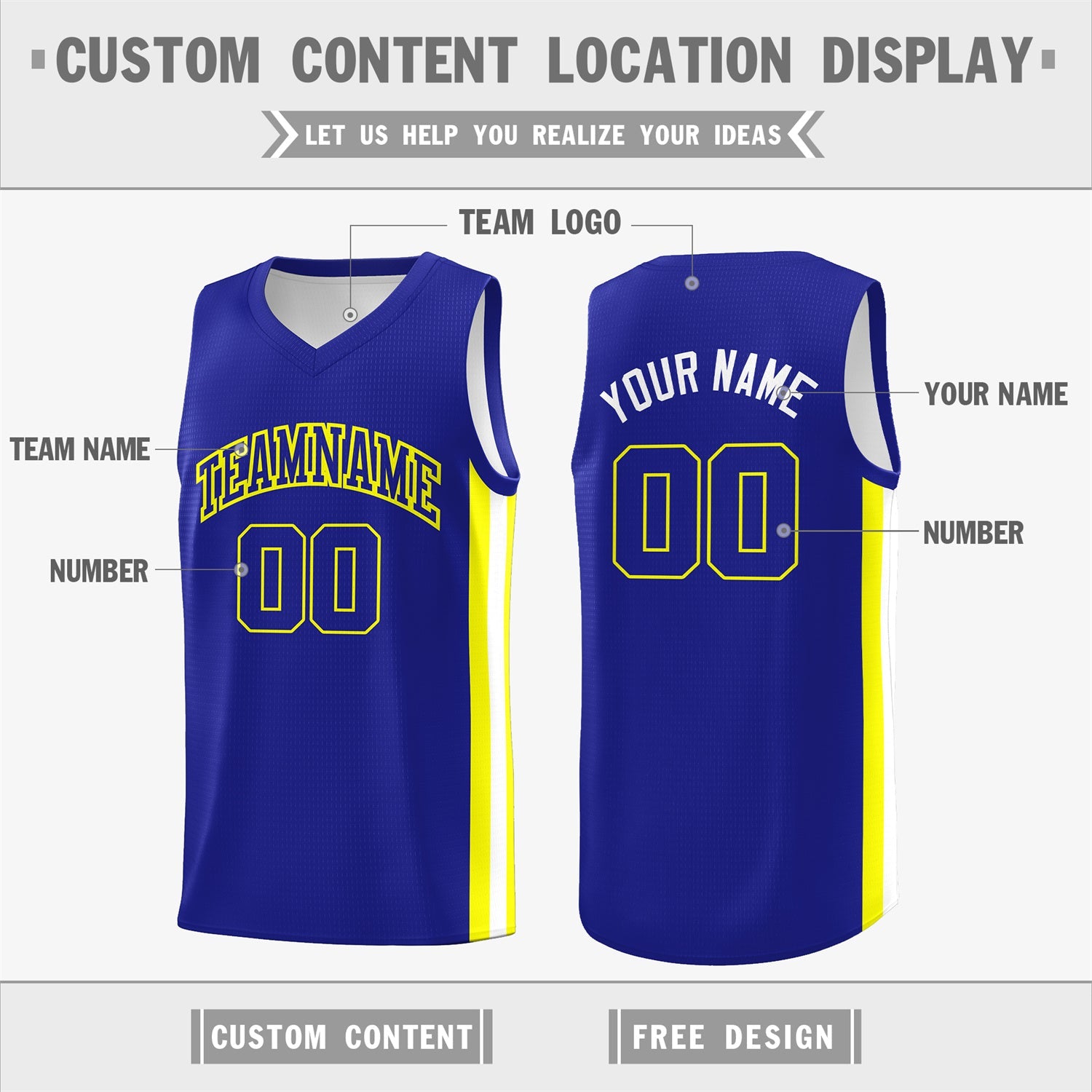 Custom Royal White-Yellow Double Side Tops Basketball Jersey