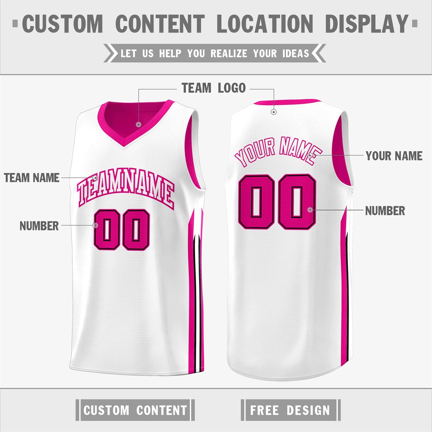 Maillot de basket-ball de mode d'entraînement de dessus de Double côté blanc rose fait sur commande