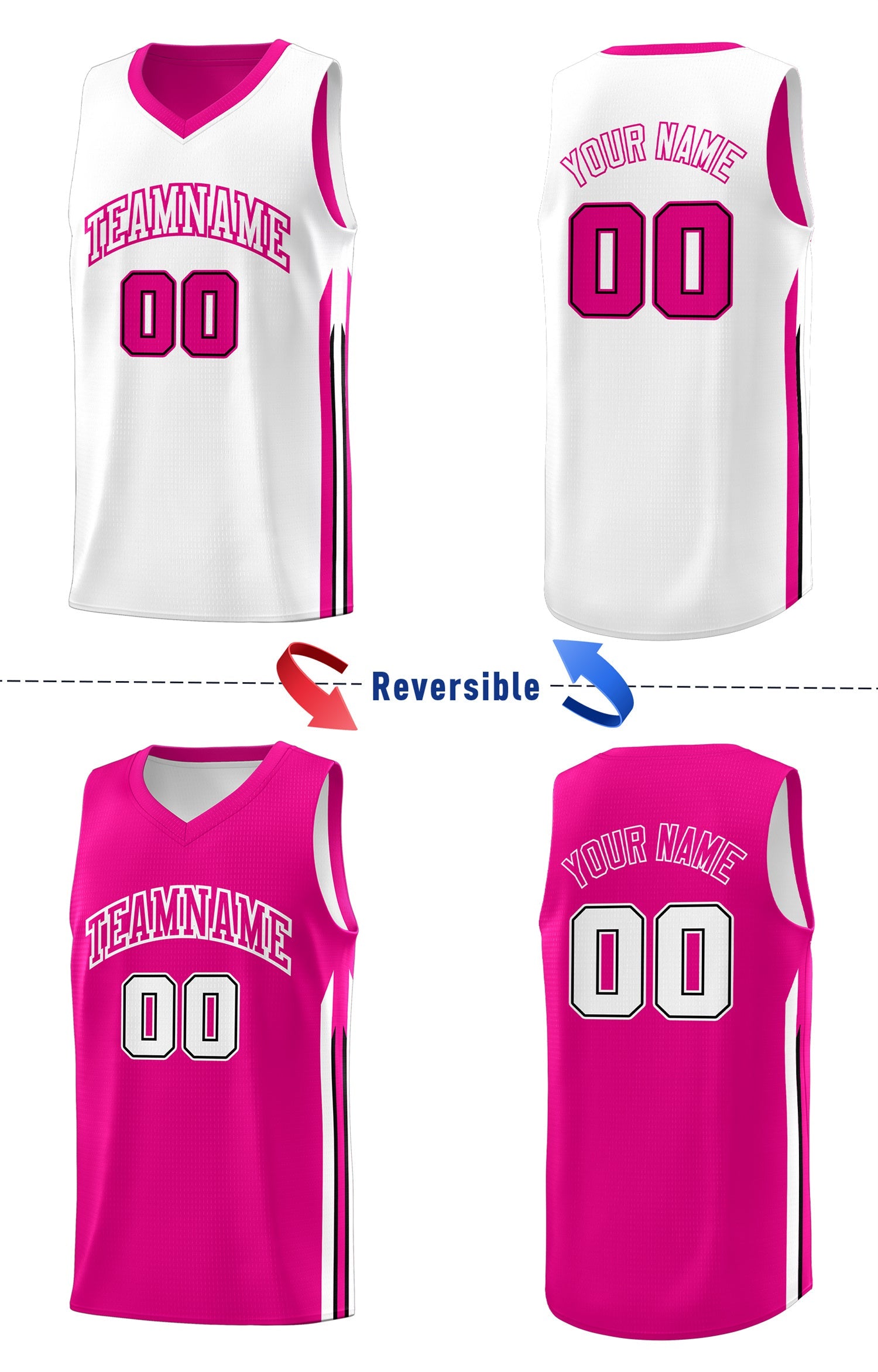 Maillot de basket-ball de mode d'entraînement de dessus de Double côté blanc rose fait sur commande