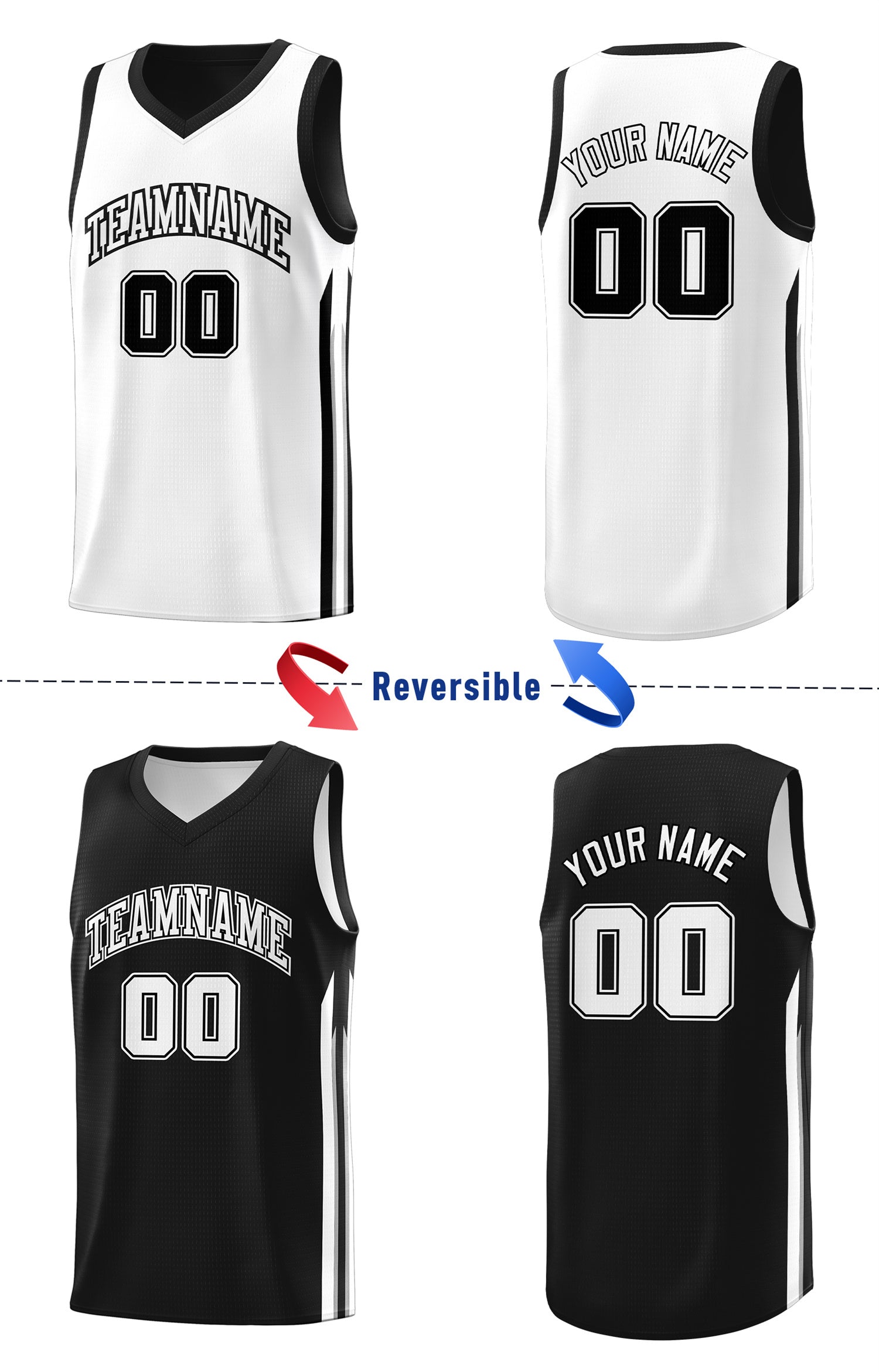 Maillot de basket-ball de mode d'entraînement de dessus de Double côté blanc noir fait sur commande