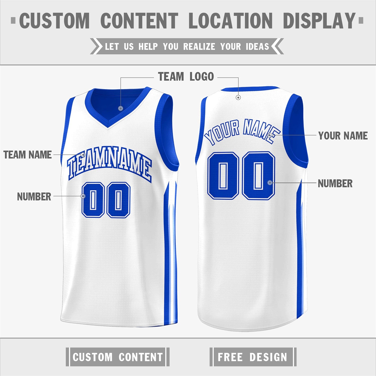 Custom Royal White Double Side Tops Sport Basketball Jersey