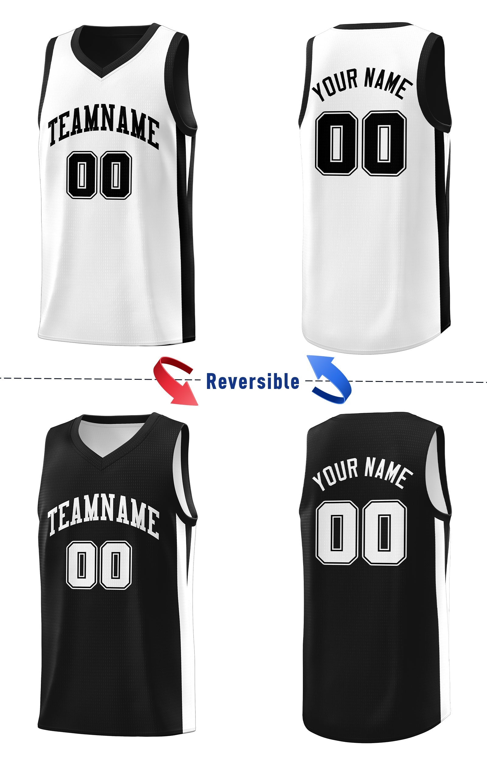 Maillot de basket-ball personnalisé noir blanc double face