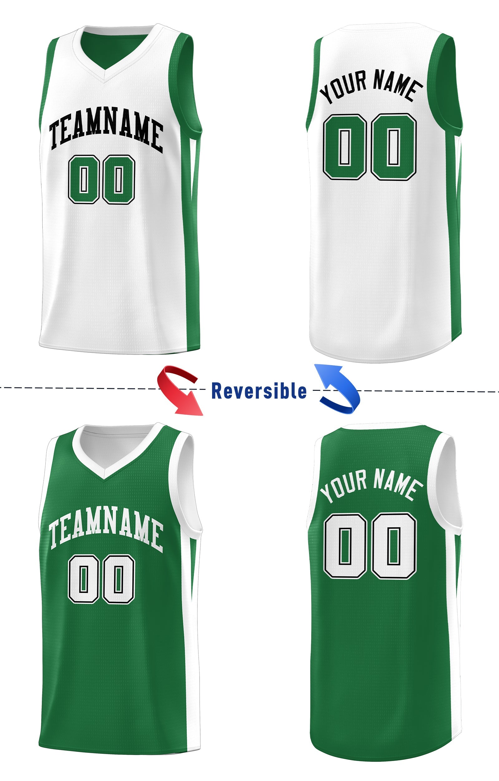 Maillot de basket-ball personnalisé vert blanc double face