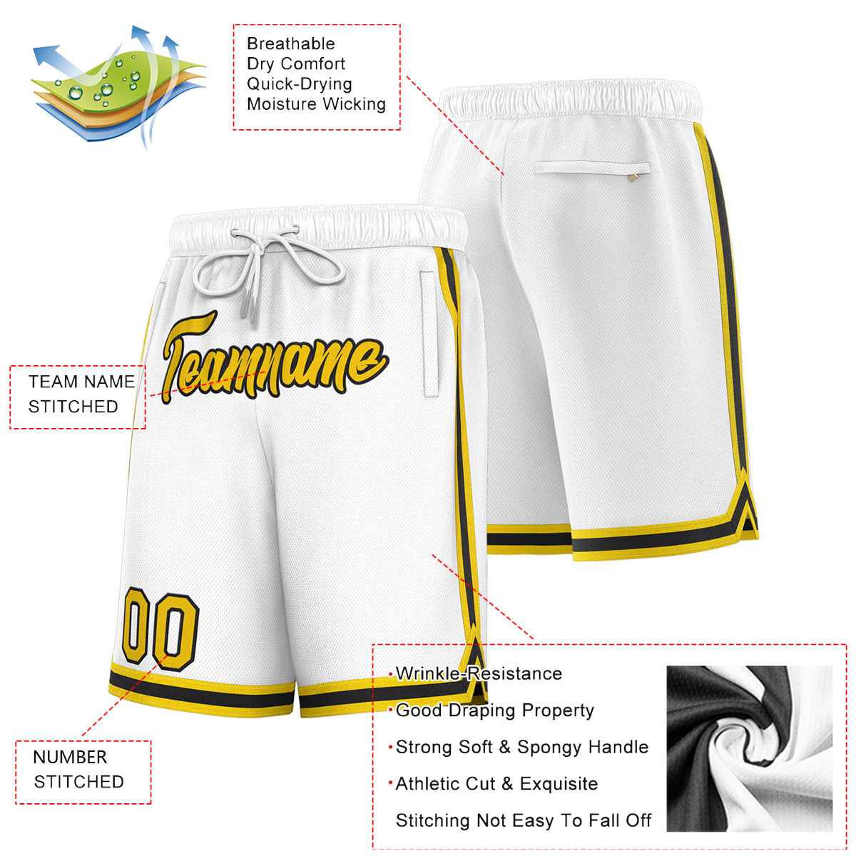 Short de basket-ball sport personnalisé blanc jaune-noir