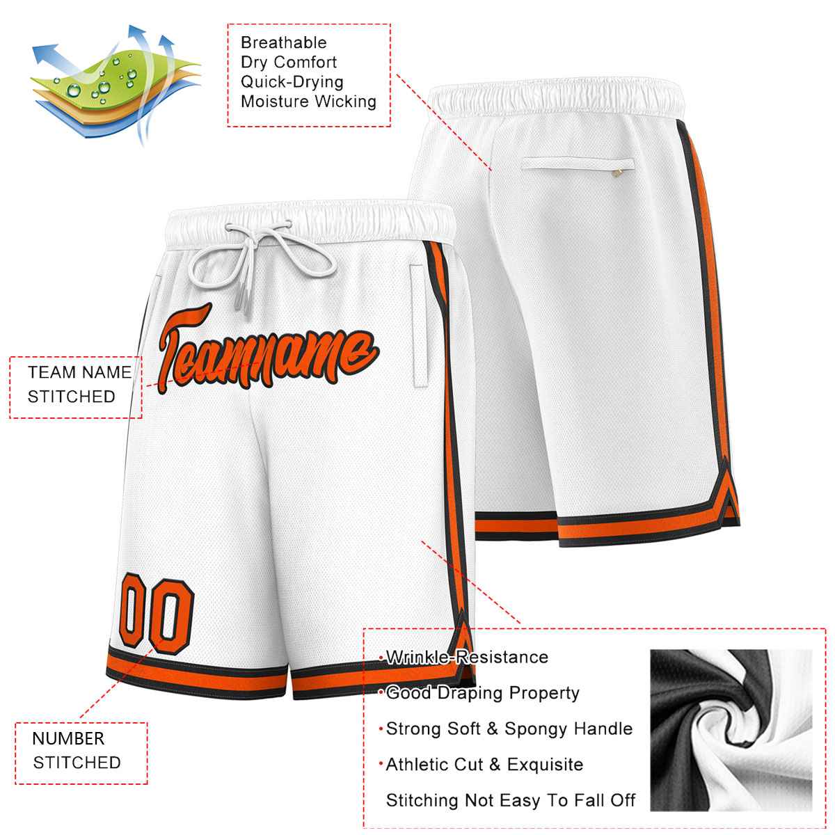 Short de basket-ball sport personnalisé blanc orange-noir