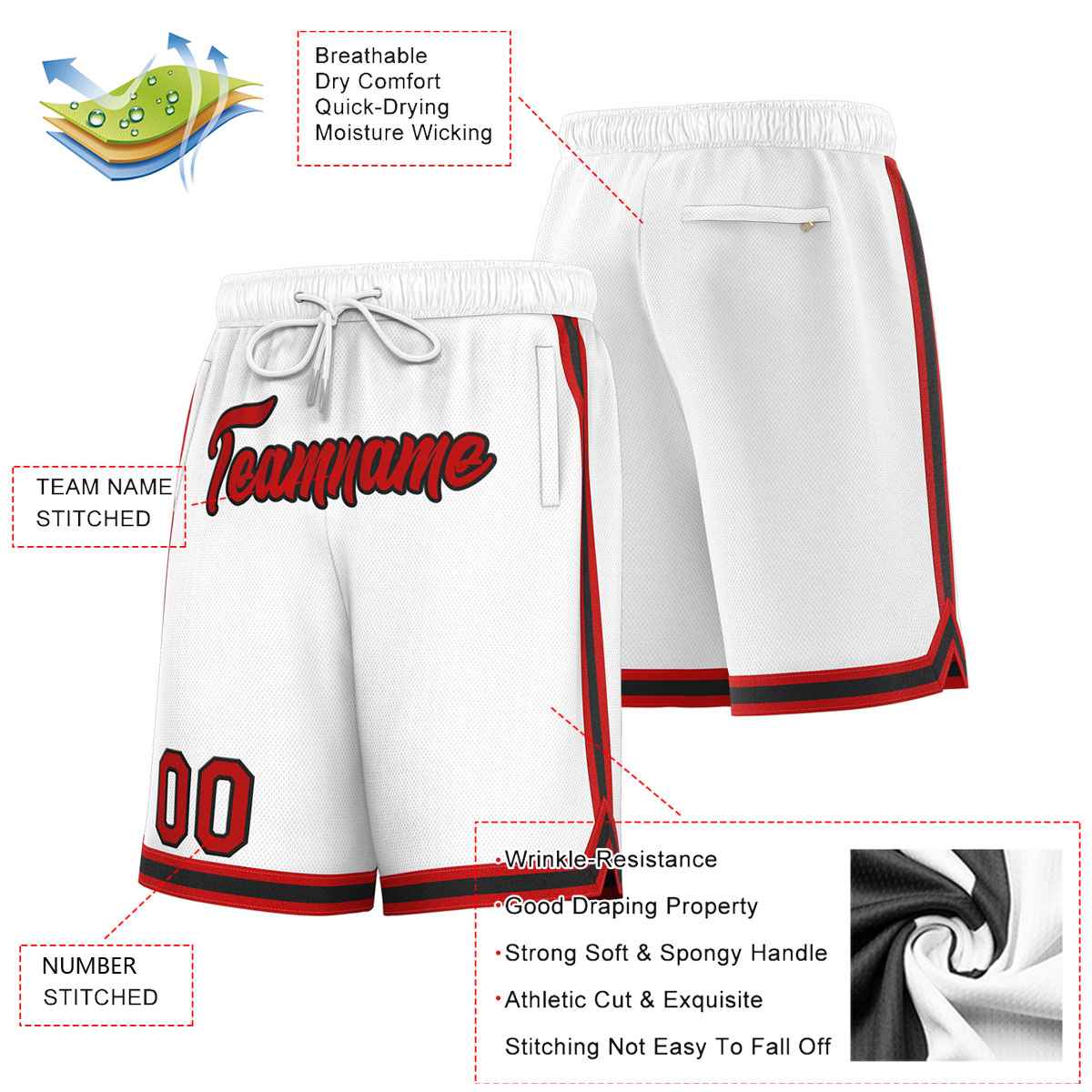 Custom White Red-Black Sport Basketball Shorts