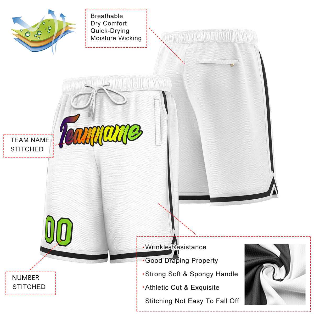 Short de basket-ball sport blanc noir personnalisé