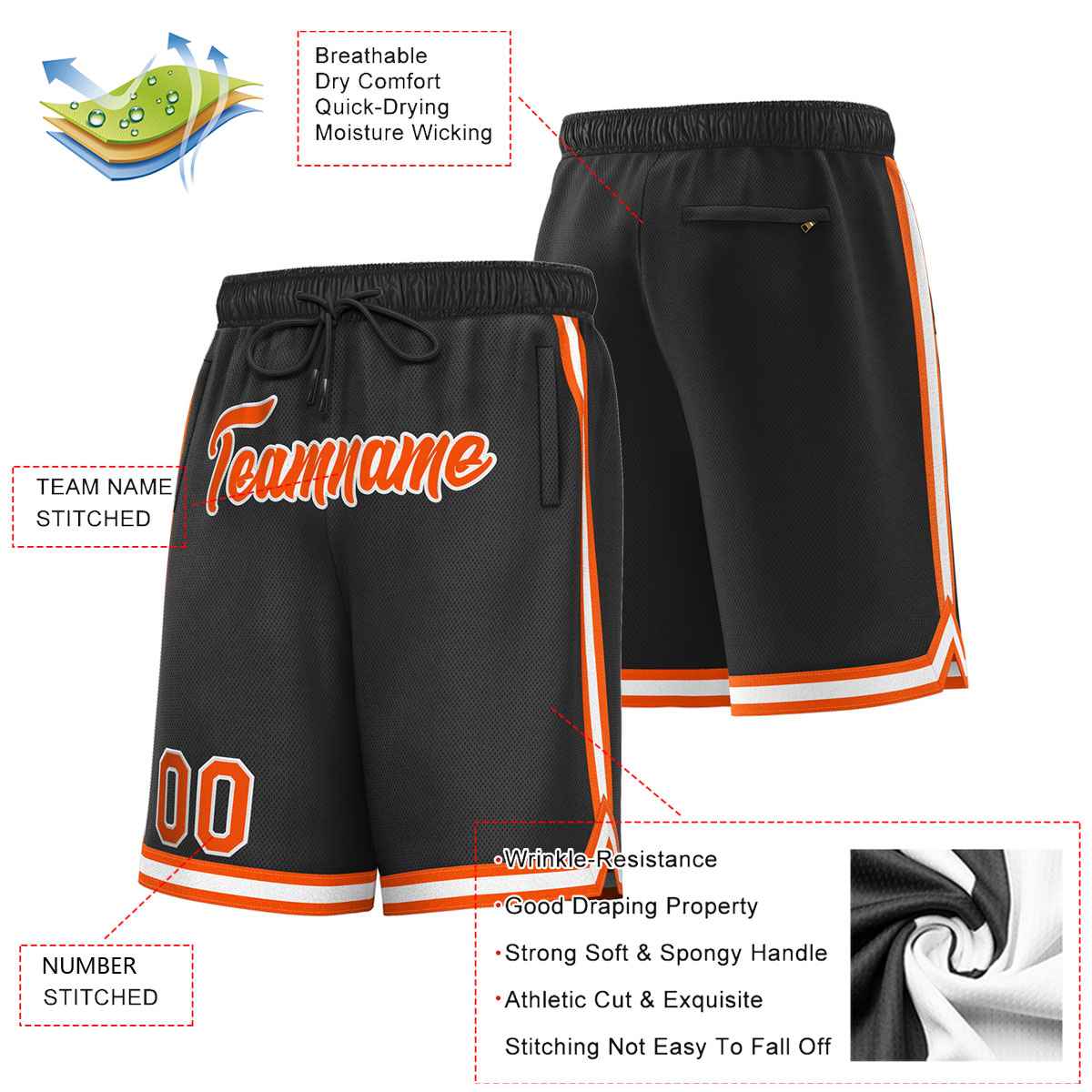 Short de basket-ball sport personnalisé noir orange-blanc