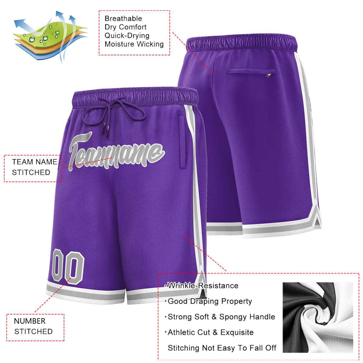 Short de basket-ball sport violet gris-blanc personnalisé