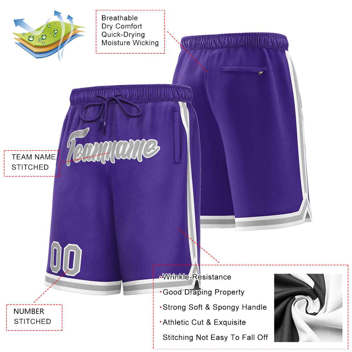 Short de basket-ball sport gris violet personnalisé