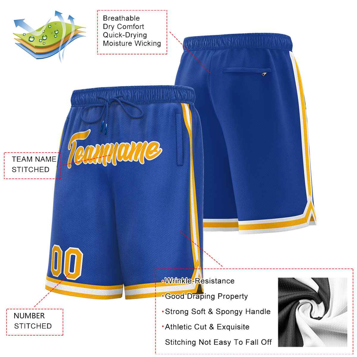 Short de basket-ball sport personnalisé jaune-blanc royal