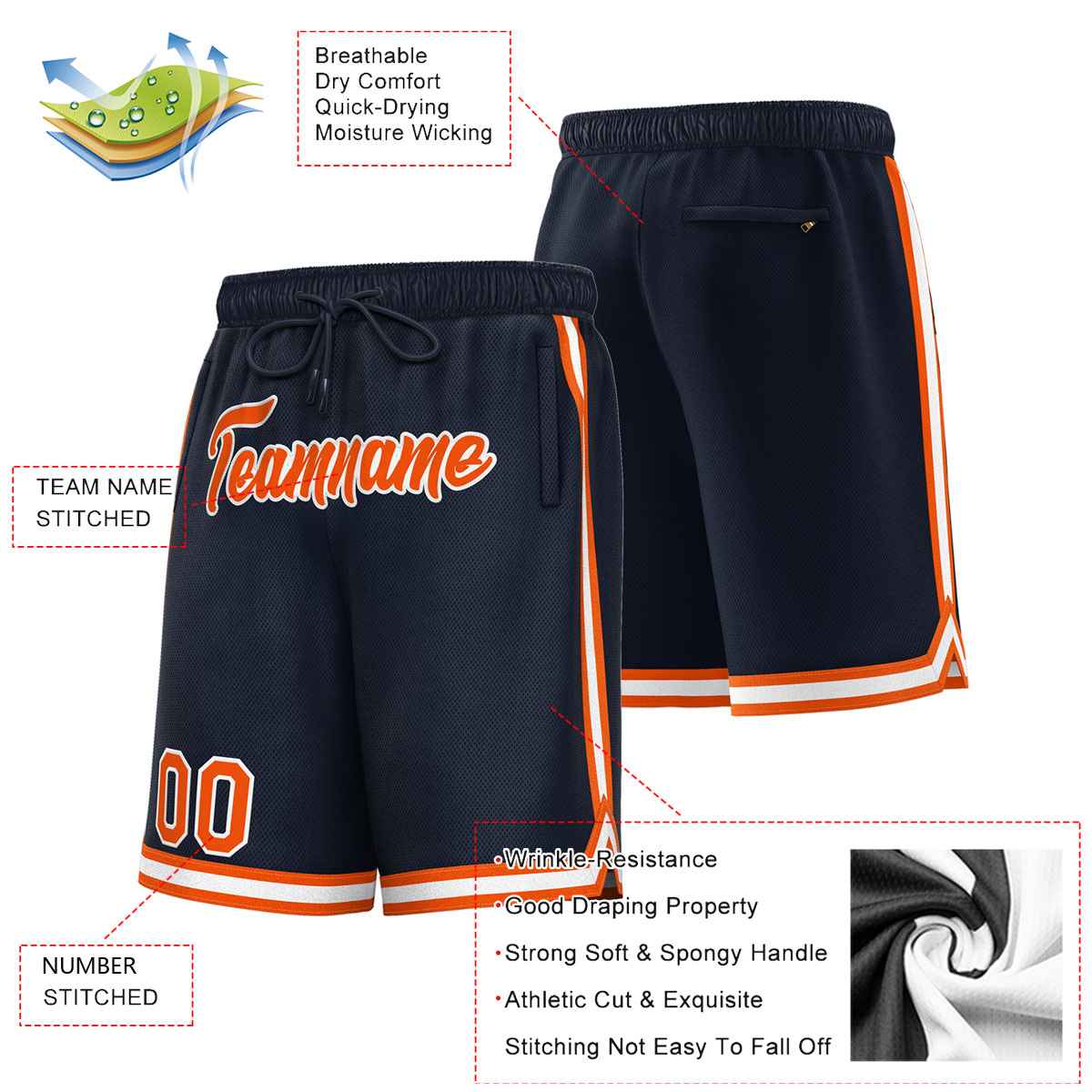 Short de basket-ball sport personnalisé bleu marine orange-blanc