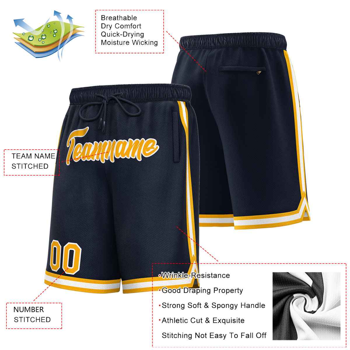 Short de basket-ball sport personnalisé bleu marine or-blanc