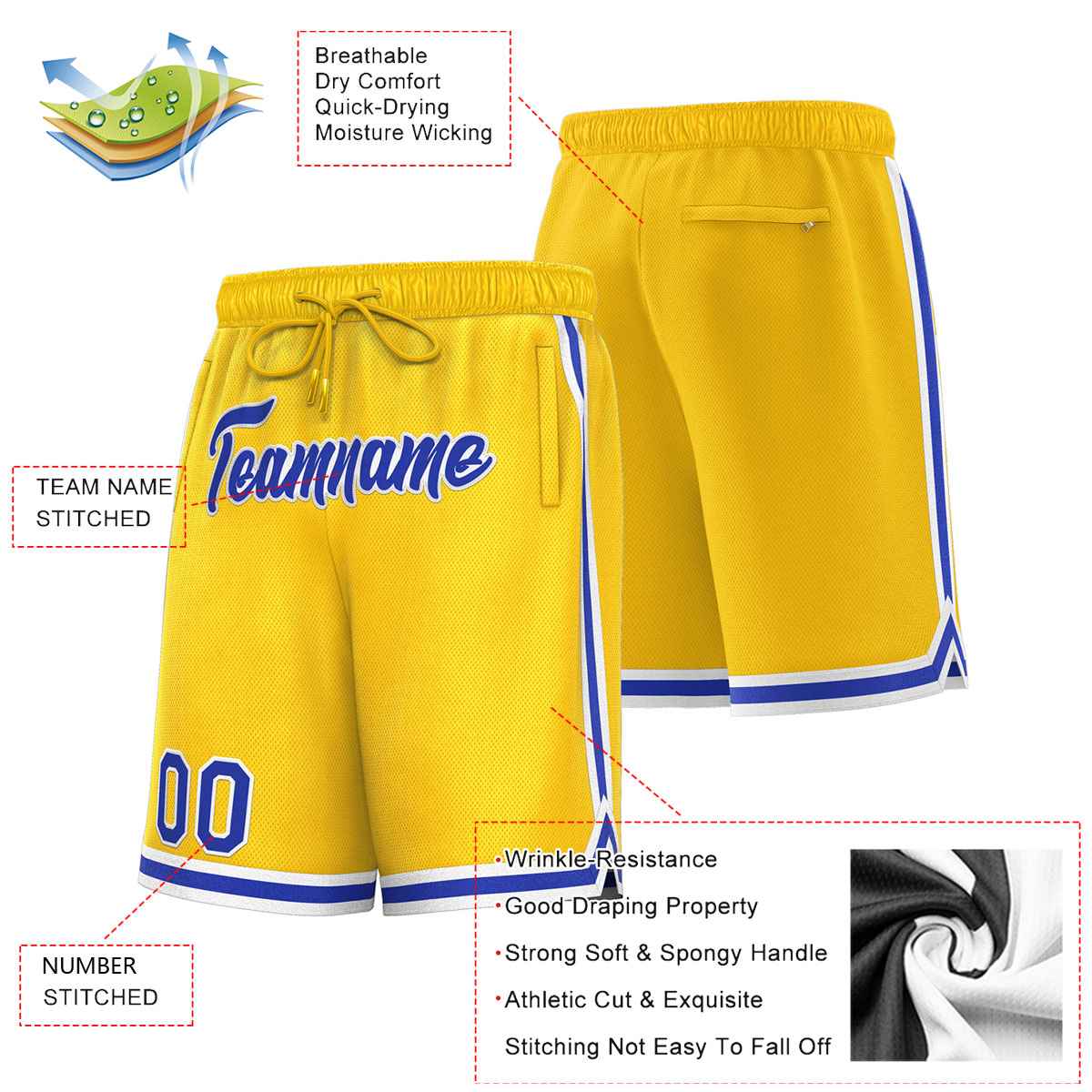 Short de basket-ball sport personnalisé jaune royal-blanc