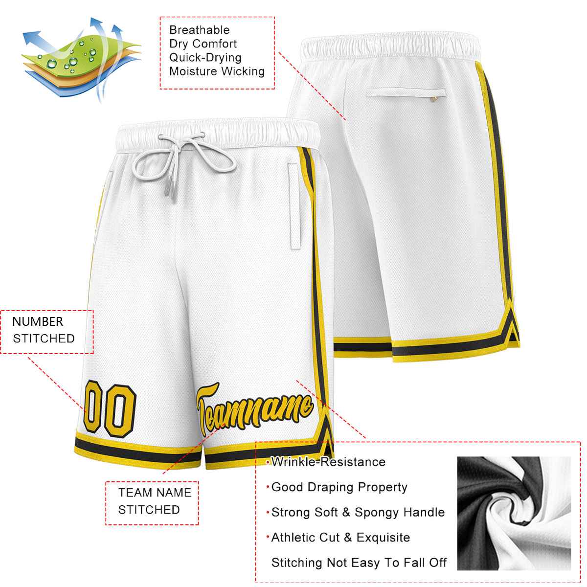 Short de basket-ball sport personnalisé blanc jaune-noir