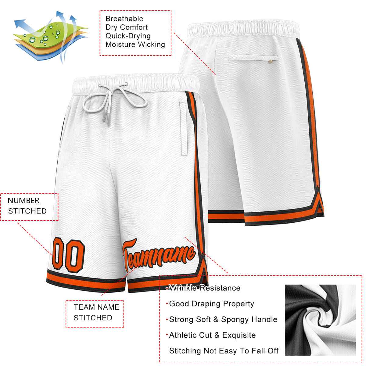 Short de basket-ball sport personnalisé blanc orange-noir