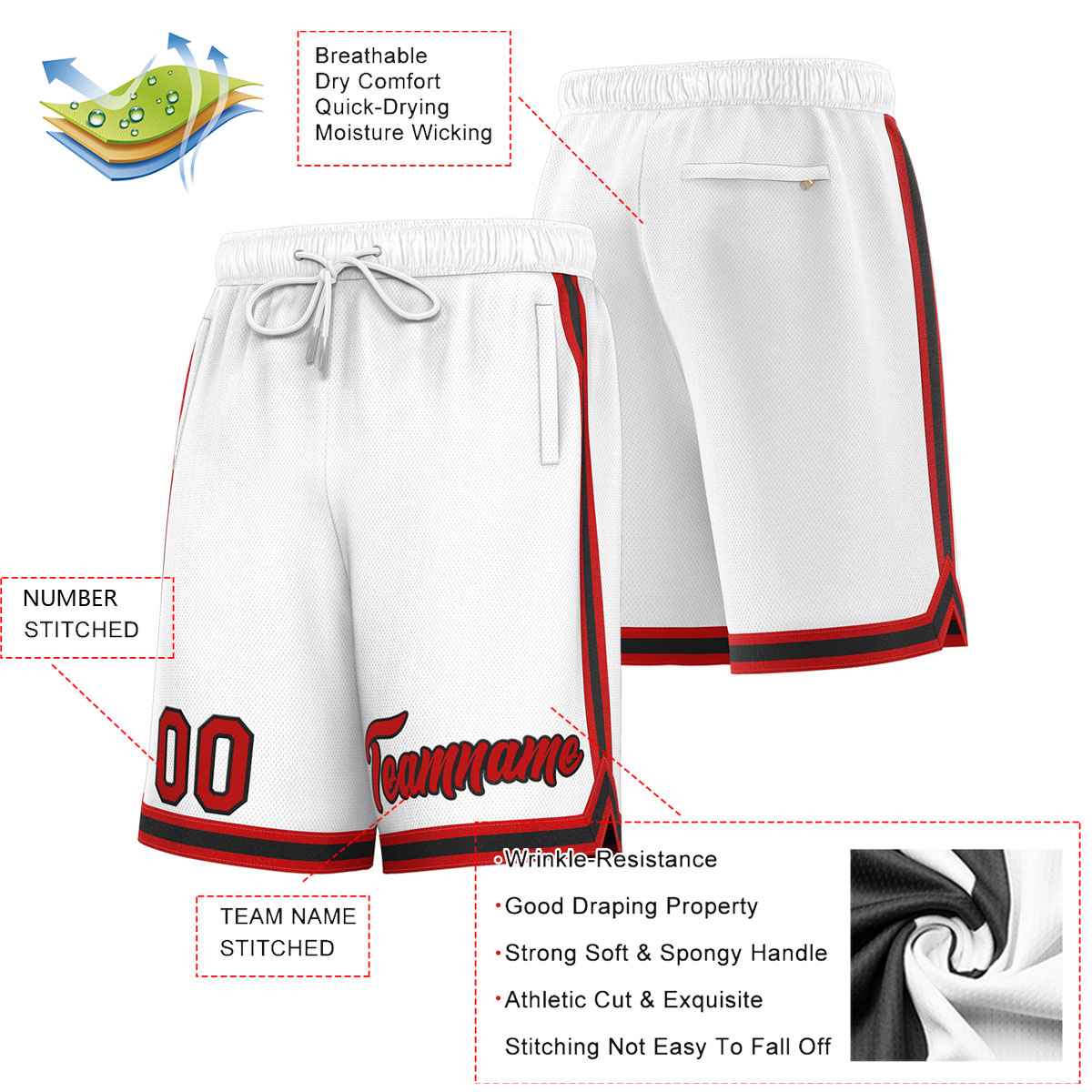 Short de basket-ball sport personnalisé blanc rouge-noir