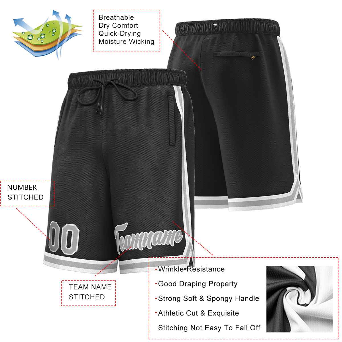 Short de basket-ball sport personnalisé noir gris-blanc