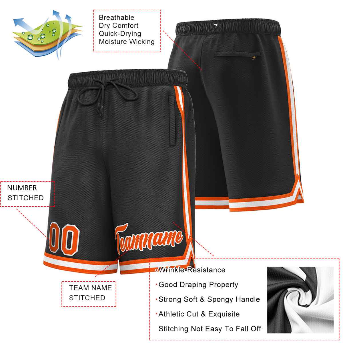 Short de basket-ball sport personnalisé noir orange-blanc