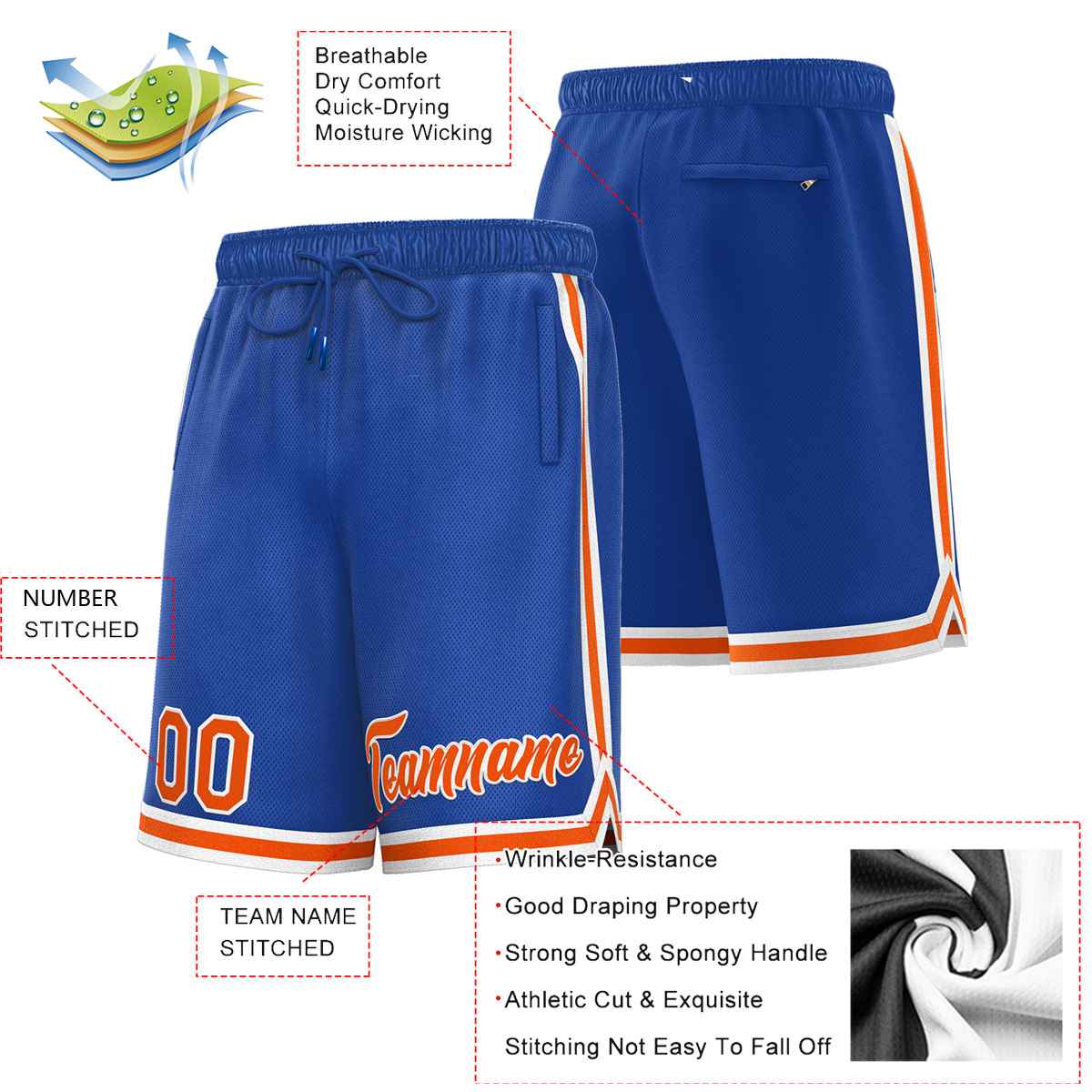 Short de basket-ball sport personnalisé Royal Orange-Blanc