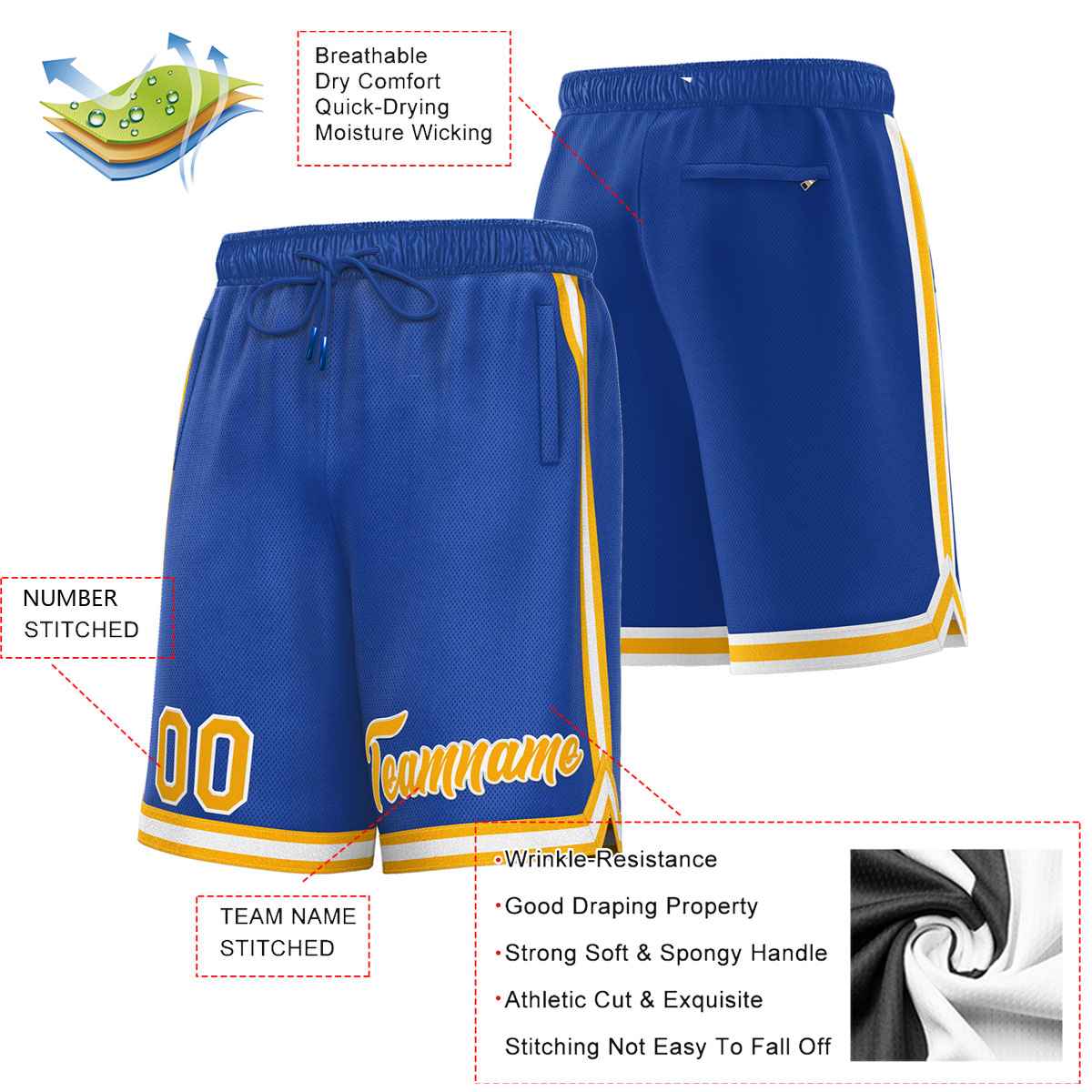 Short de basket-ball sport personnalisé jaune-blanc royal