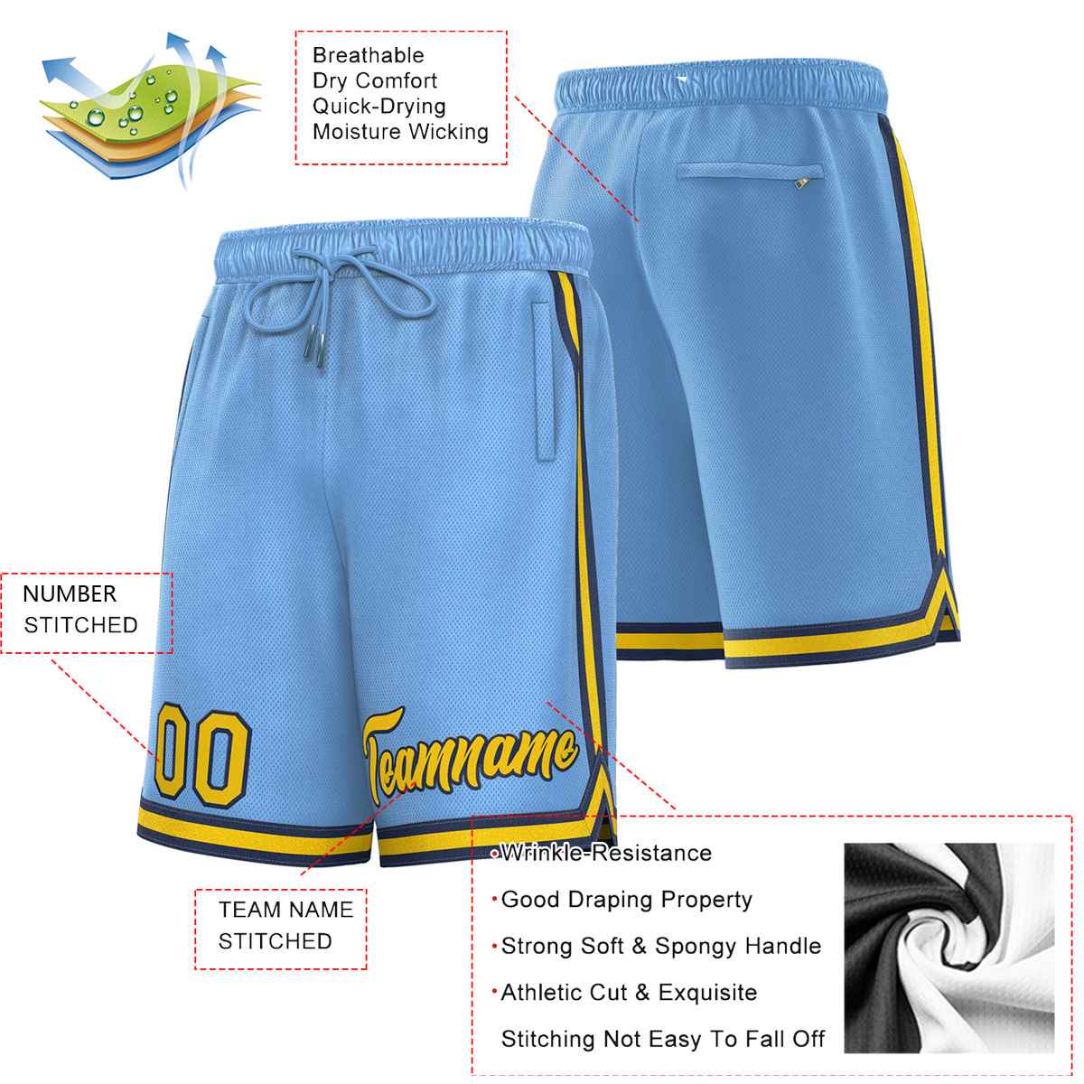 Short de basket-ball sport personnalisé bleu poudre or-noir