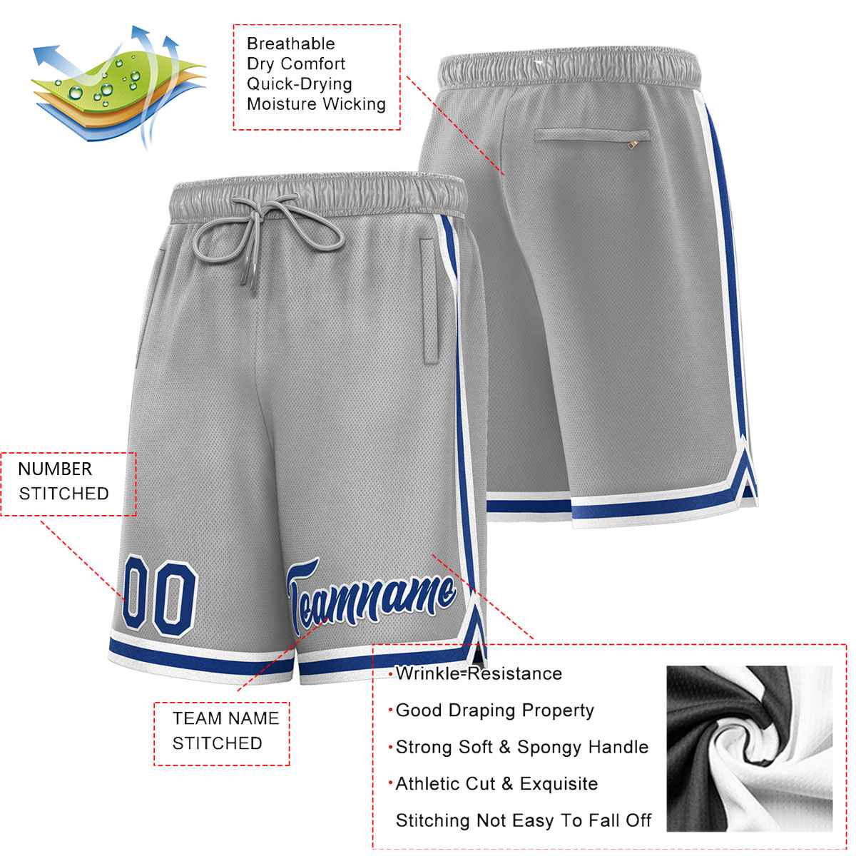 Short de basket-ball sport gris royal-blanc personnalisé