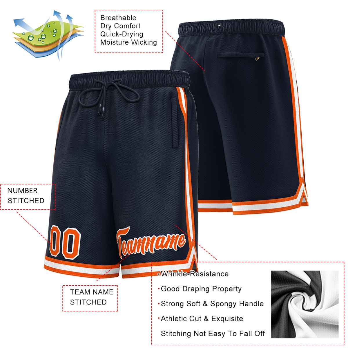 Short de basket-ball sport personnalisé bleu marine orange-blanc