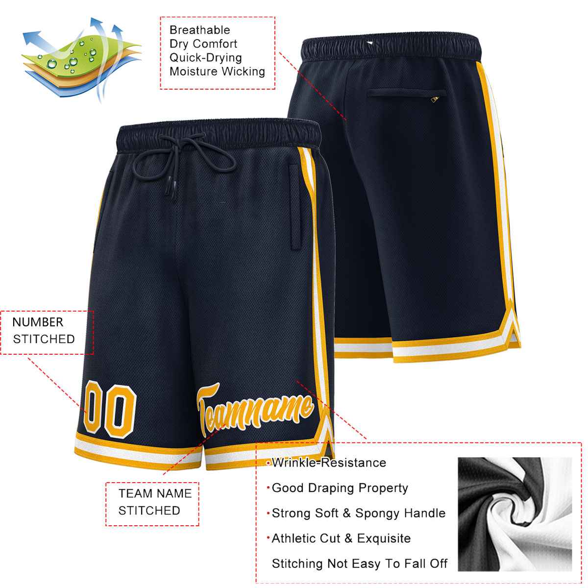 Custom Navy Gold-White Sport Basketball Shorts