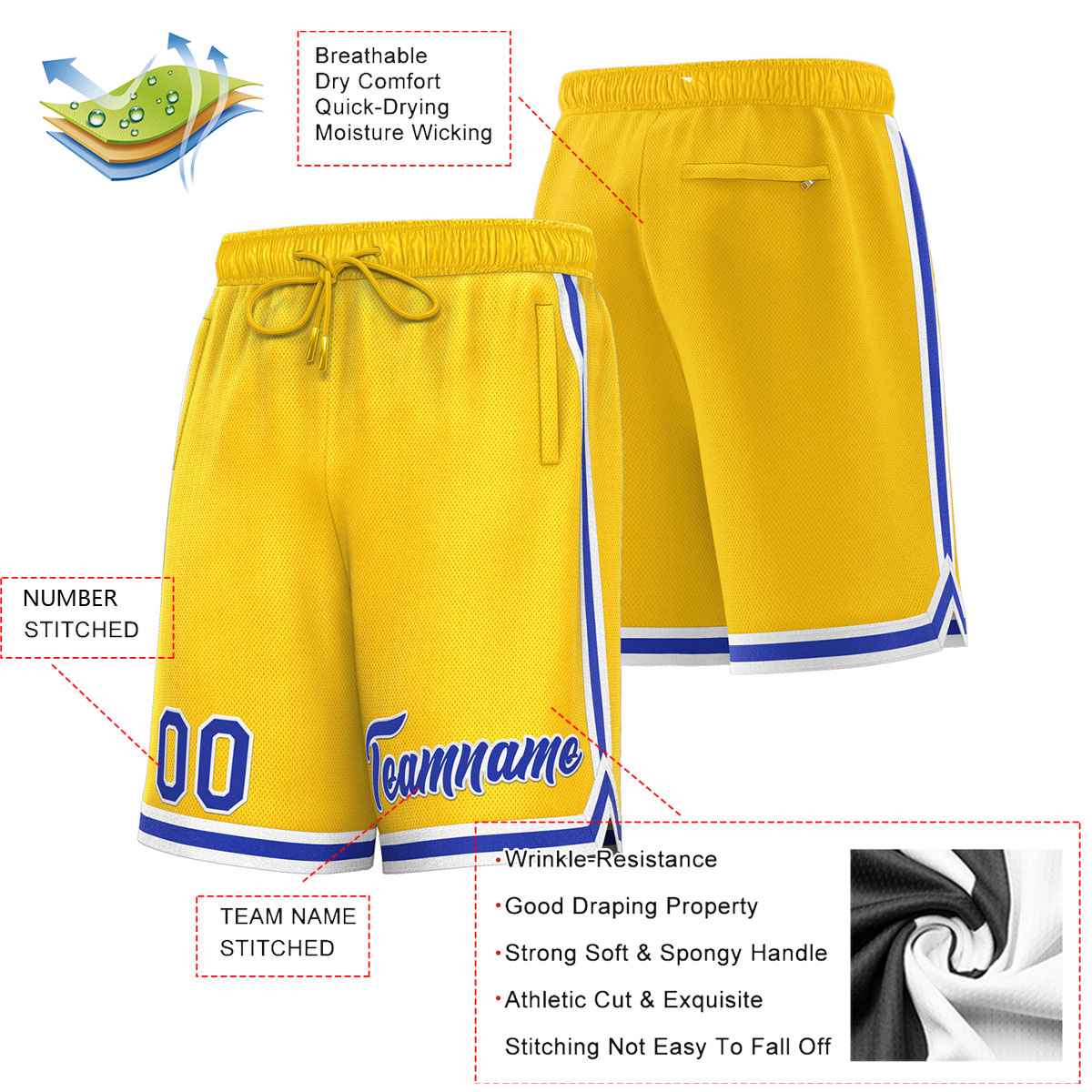 Short de basket-ball sport personnalisé jaune royal-blanc