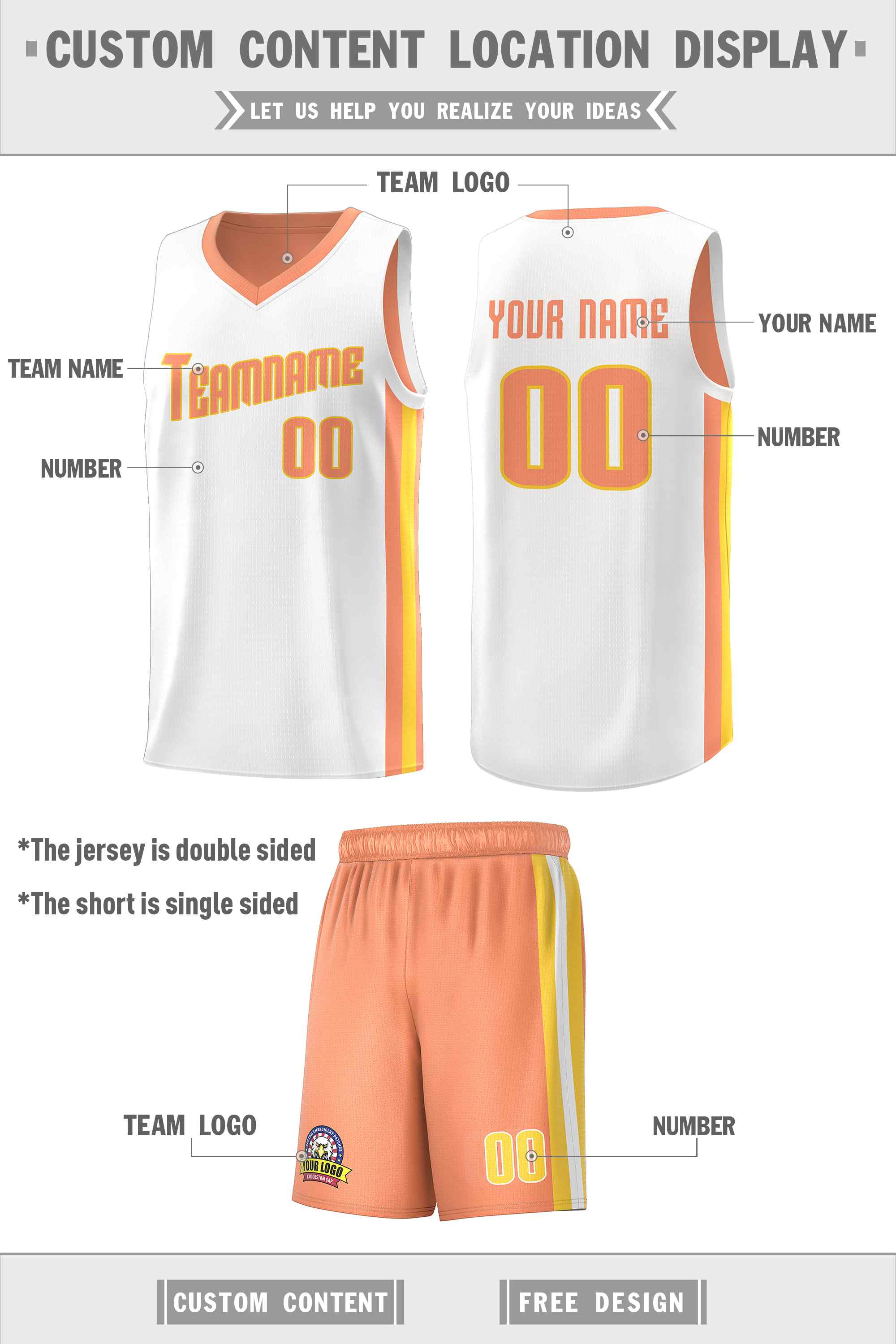 Maillot de basket-ball personnalisé pour hommes, ensemble Double face blanc Orange-jaune