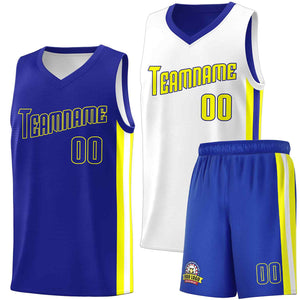 Maillot de basket-ball personnalisé Royal blanc-jaune Double face pour hommes