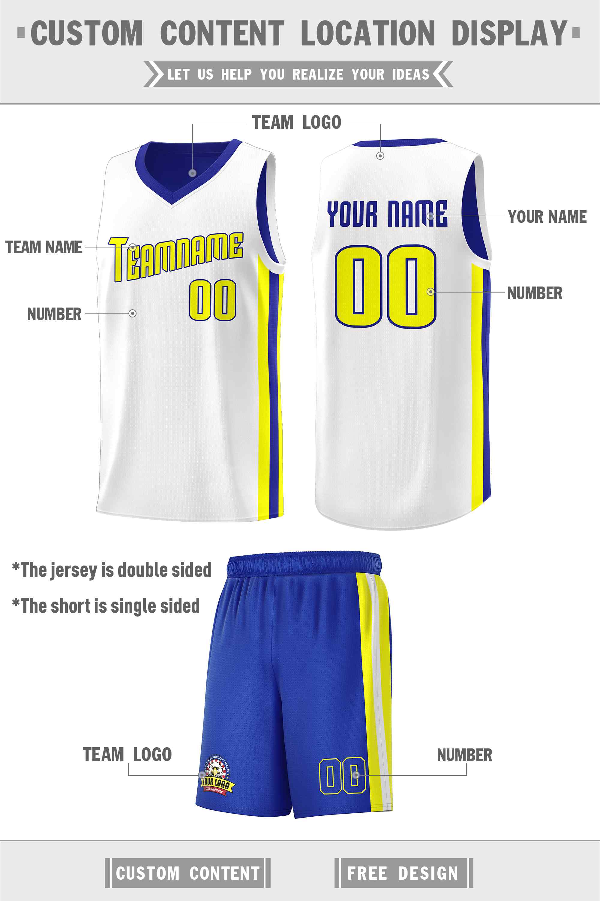 Custom Royal White-Yellow Double Side Sets Men Basketball Jersey