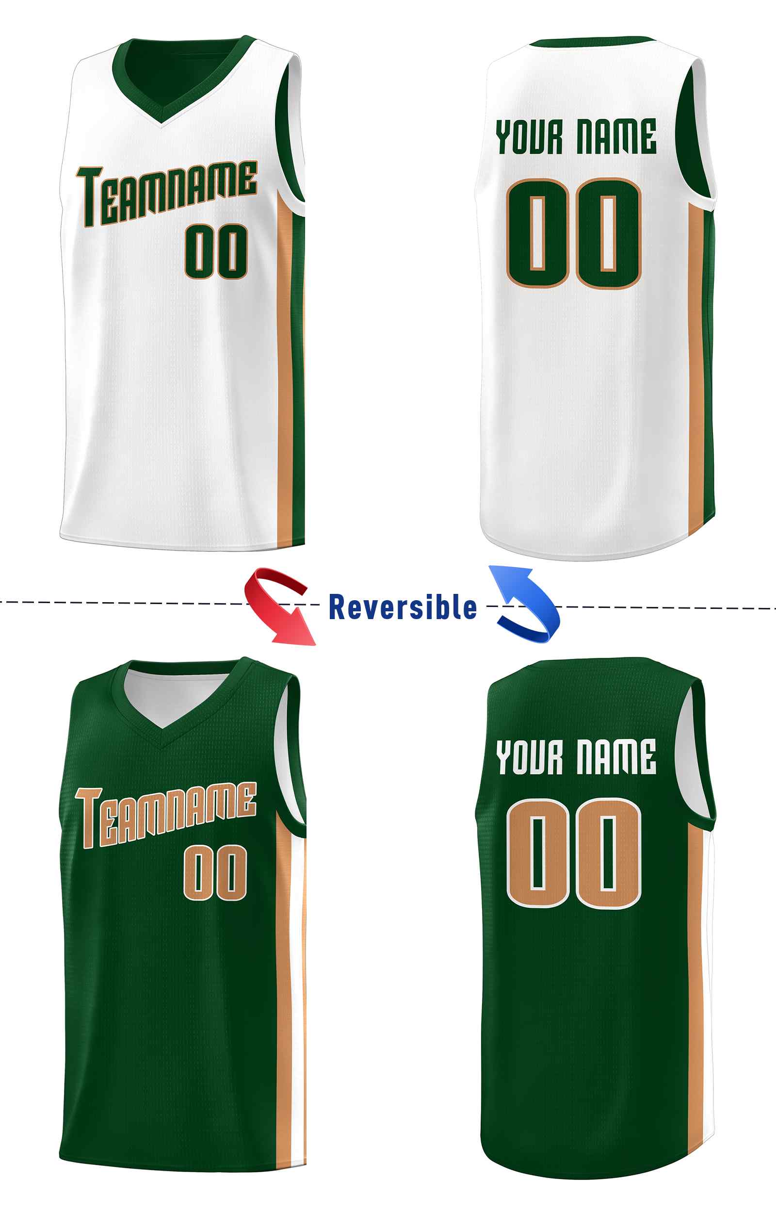 Custom Green White-Old Gold Double Side Sets Men Basketball Jersey