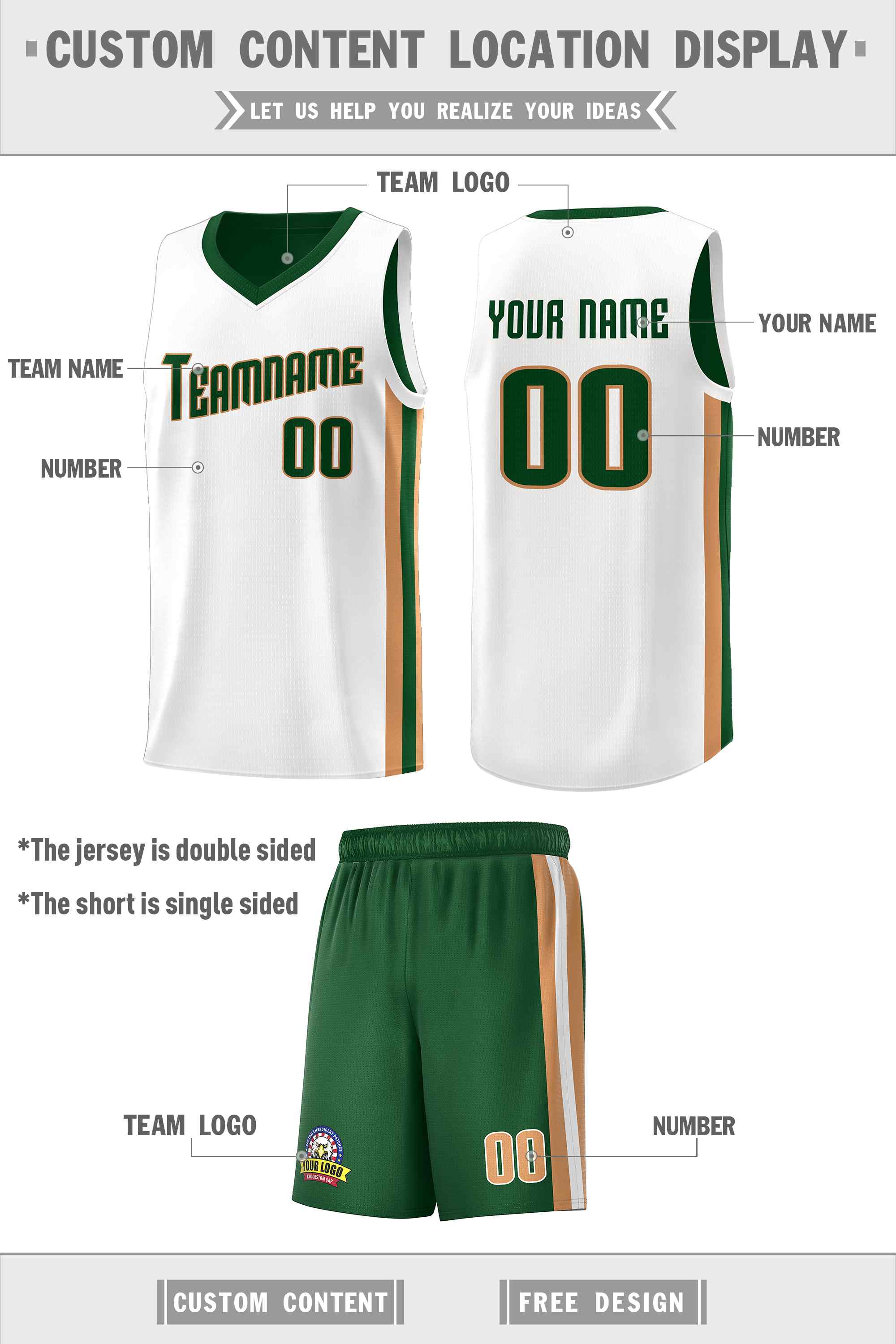 Custom Green White-Old Gold Double Side Sets Men Basketball Jersey