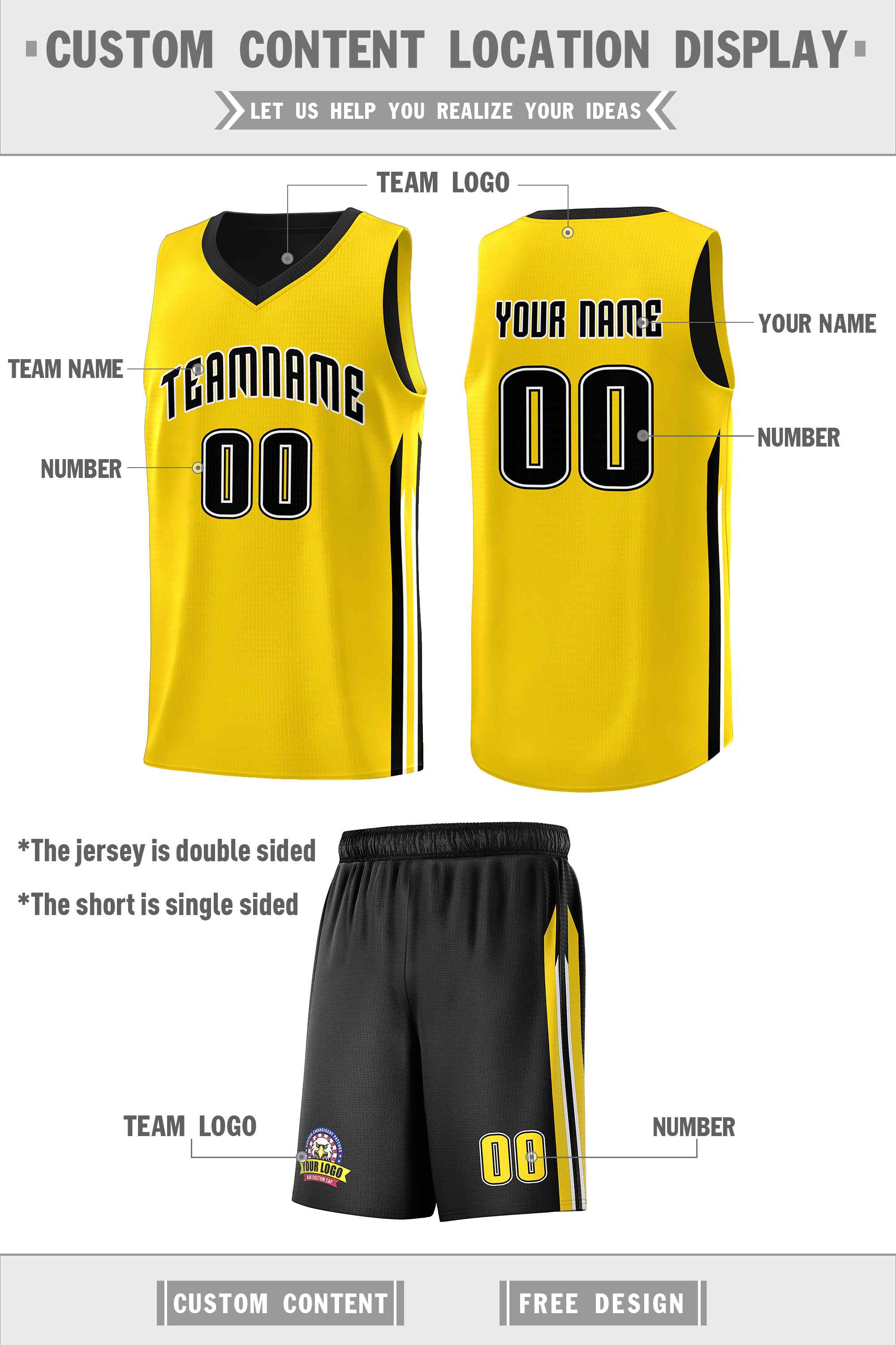 Le double côté jaune noir fait sur commande place le maillot de basket-ball d'hommes