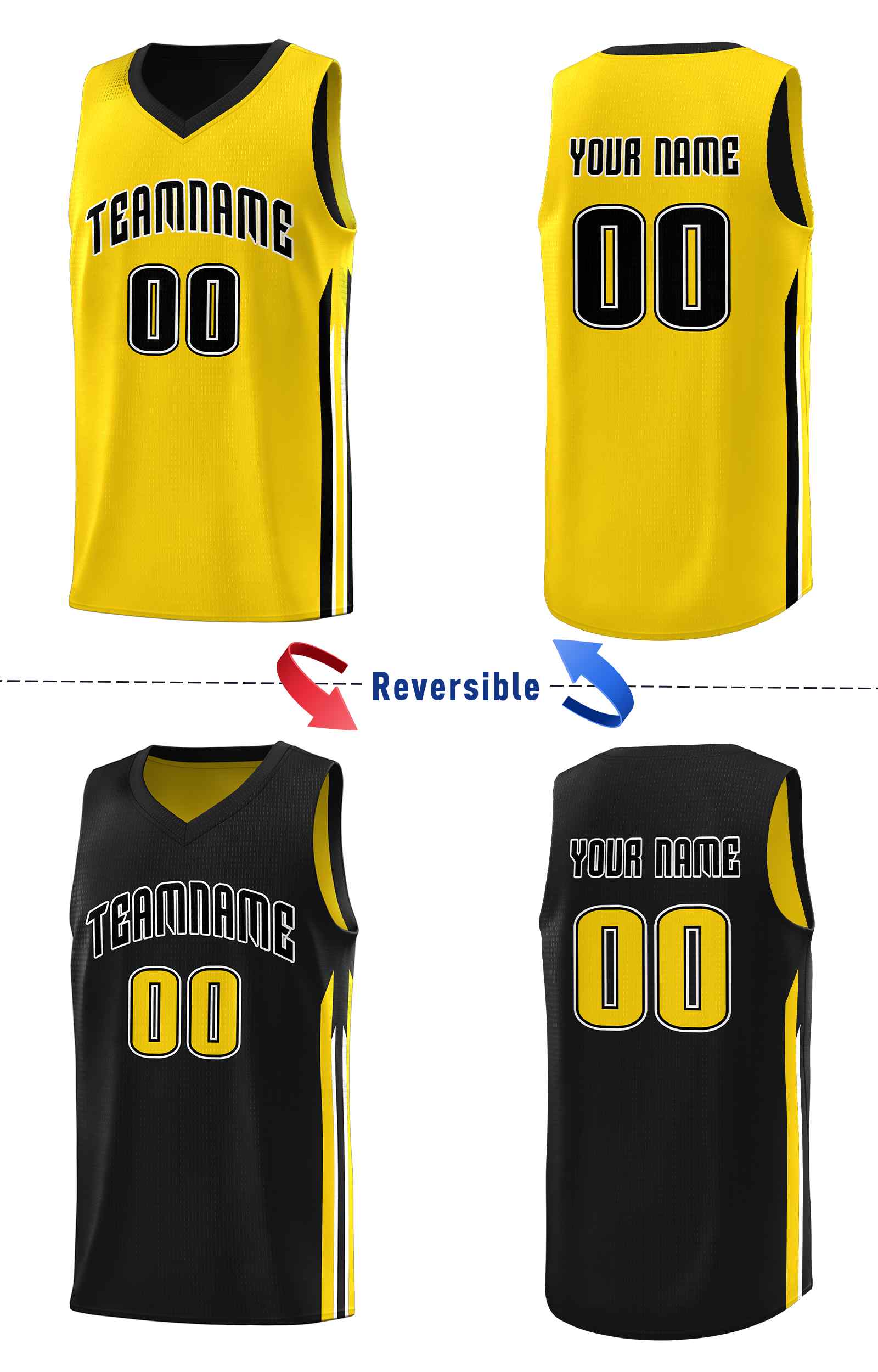 Le double côté jaune noir fait sur commande place le maillot de basket-ball d'hommes