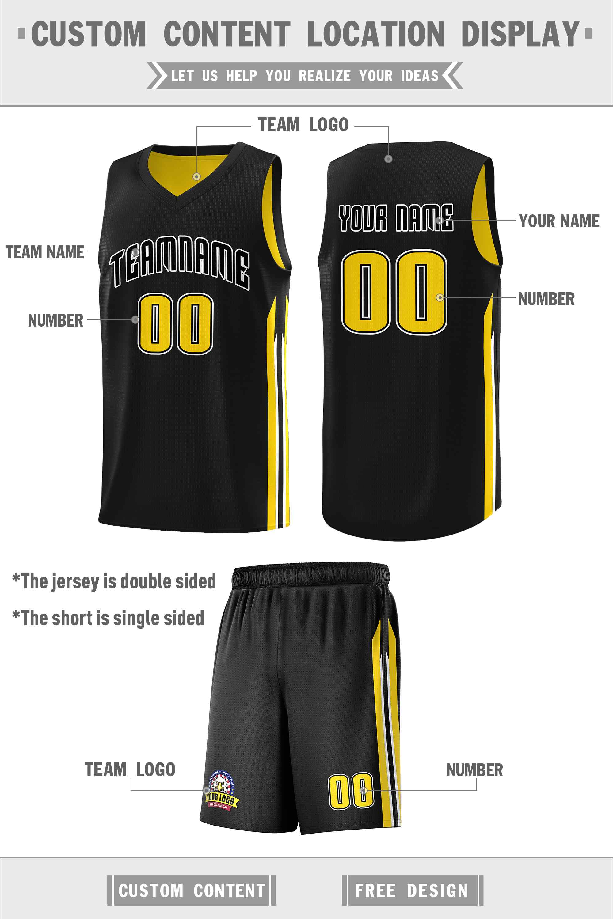 Le double côté jaune noir fait sur commande place le maillot de basket-ball d'hommes