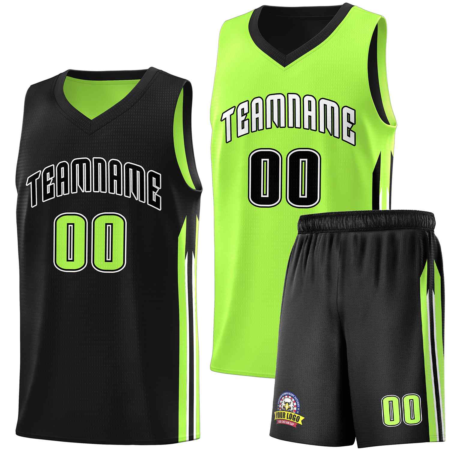 Maillot de basket-ball pour hommes, ensemble Double face vert néon noir personnalisé