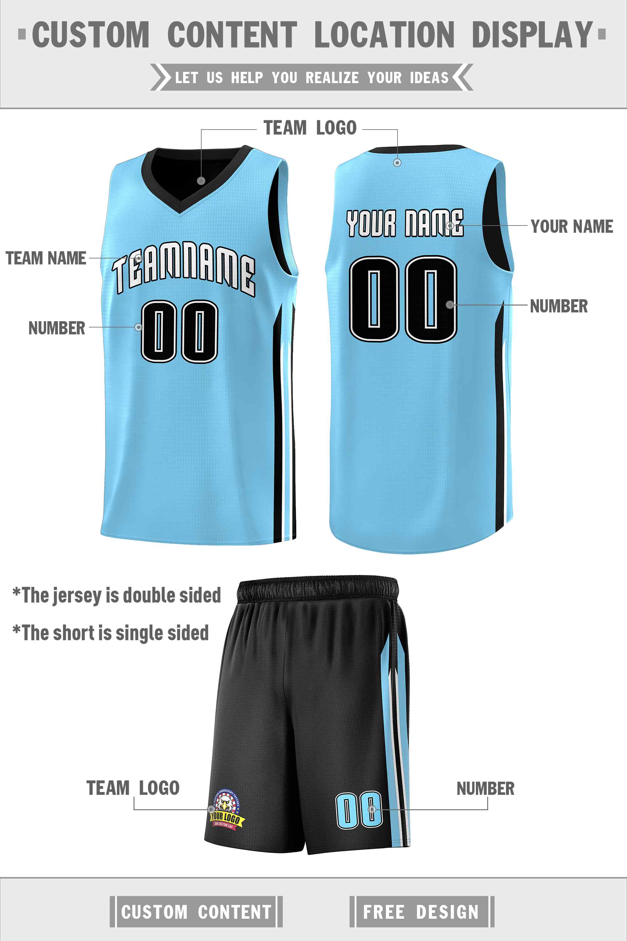 Custom Black Light Blue Double Side Sets Men Basketball Jersey