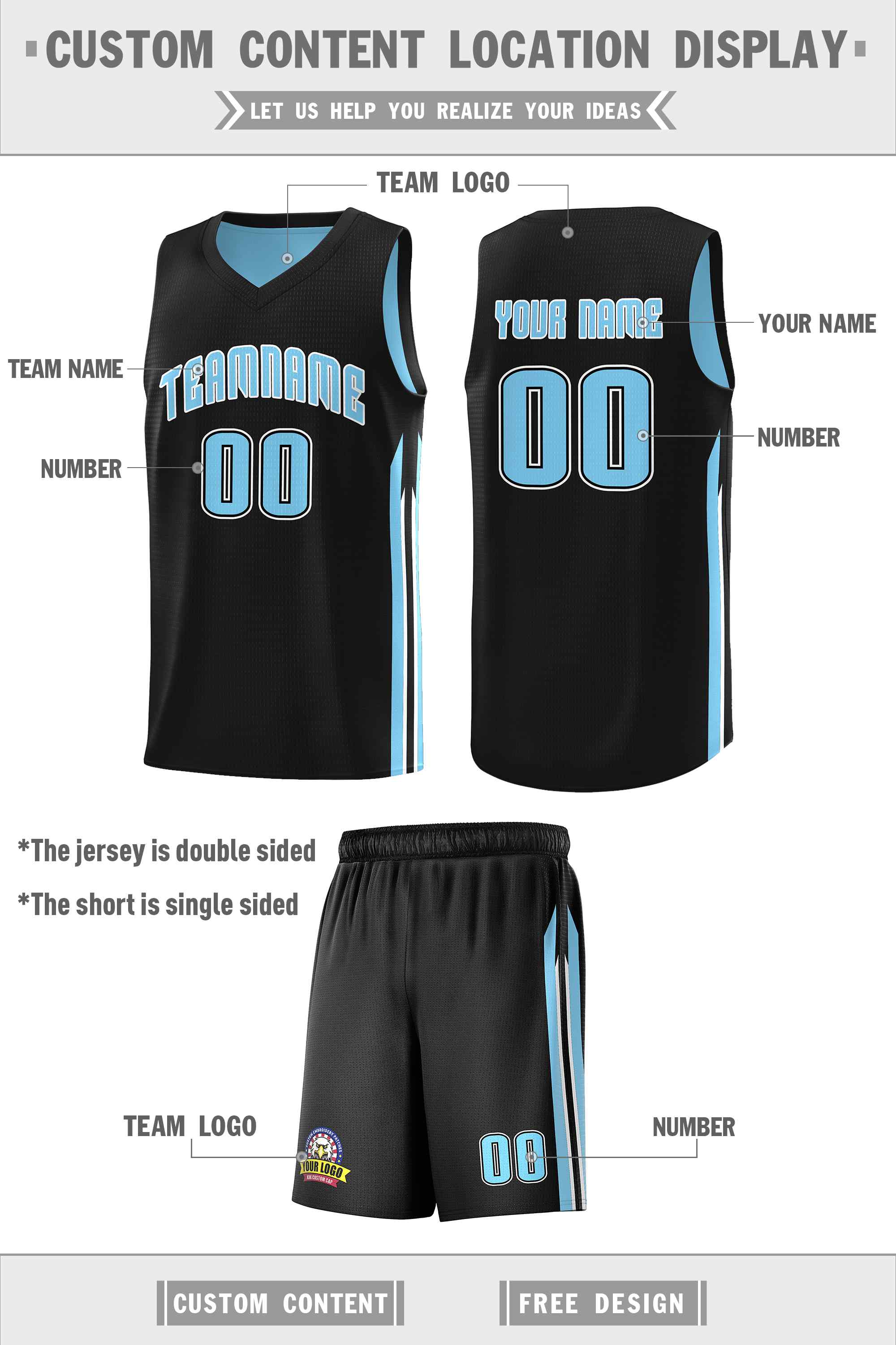 Custom Black Light Blue Double Side Sets Men Basketball Jersey