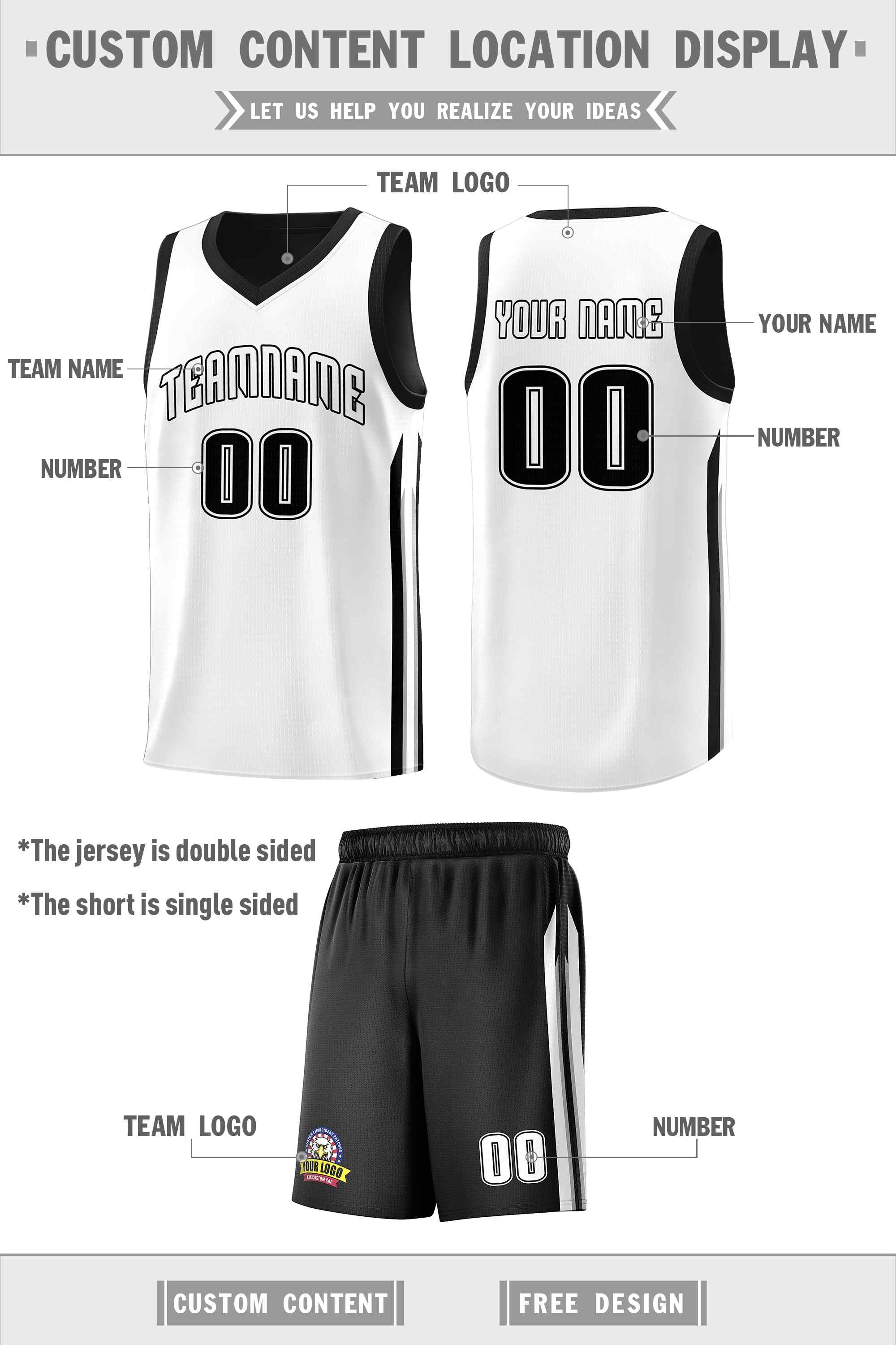 Maillot de basket-ball pour hommes, ensemble Double face noir et blanc personnalisé