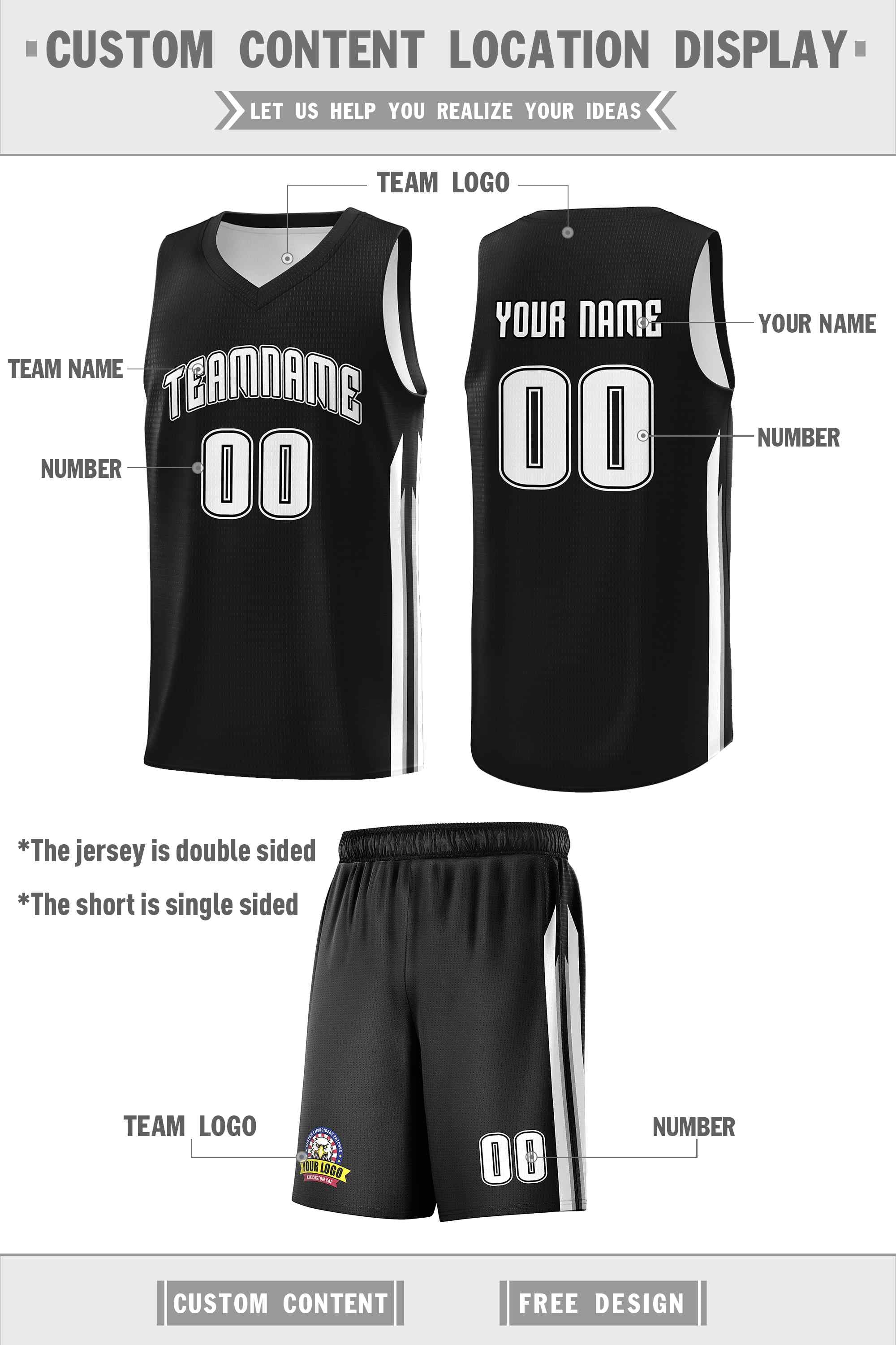 Custom Black White Double Side Sets Men Basketball Jersey