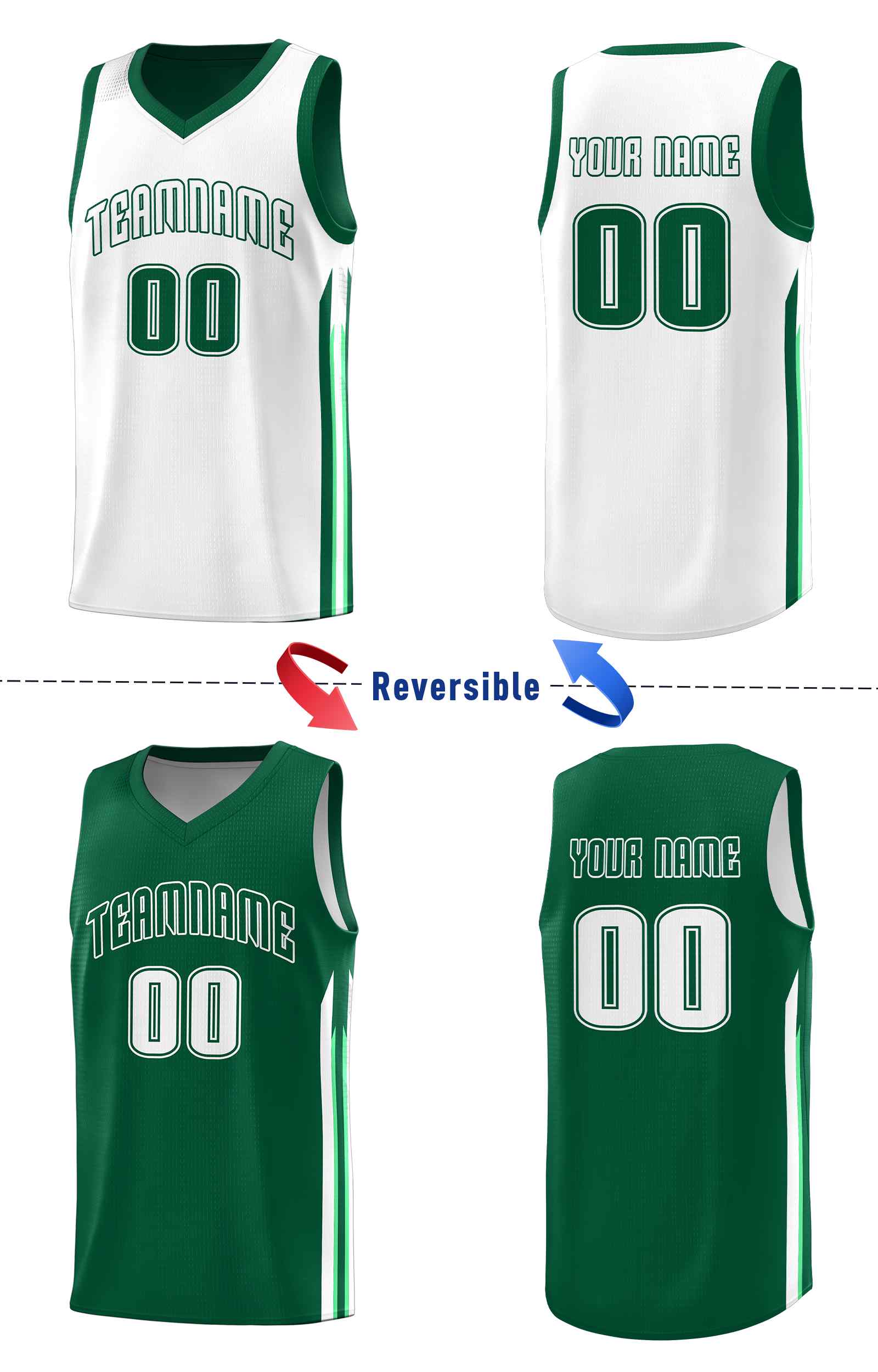 Le double côté blanc vert personnalisé définit le maillot de basket-ball pour hommes