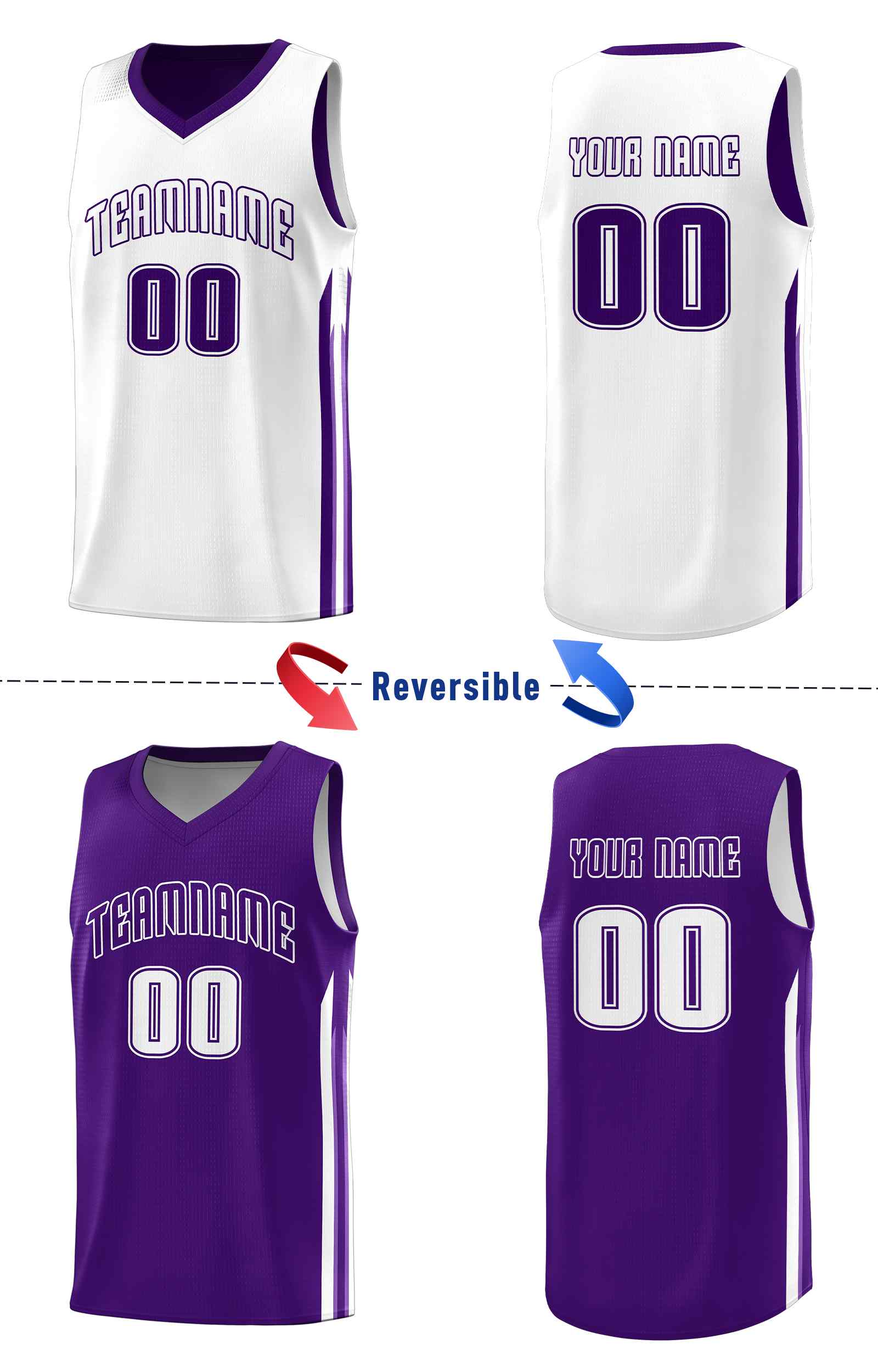 Maillot de basket-ball personnalisé pour hommes, ensemble Double face violet et blanc