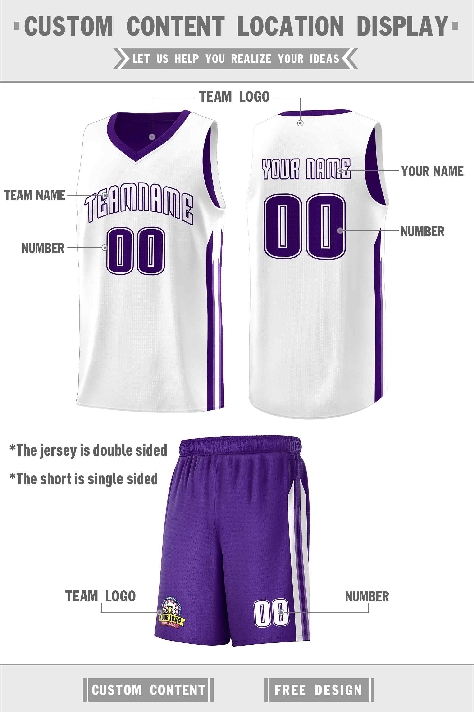 Maillot de basket-ball personnalisé pour hommes, ensemble Double face violet et blanc