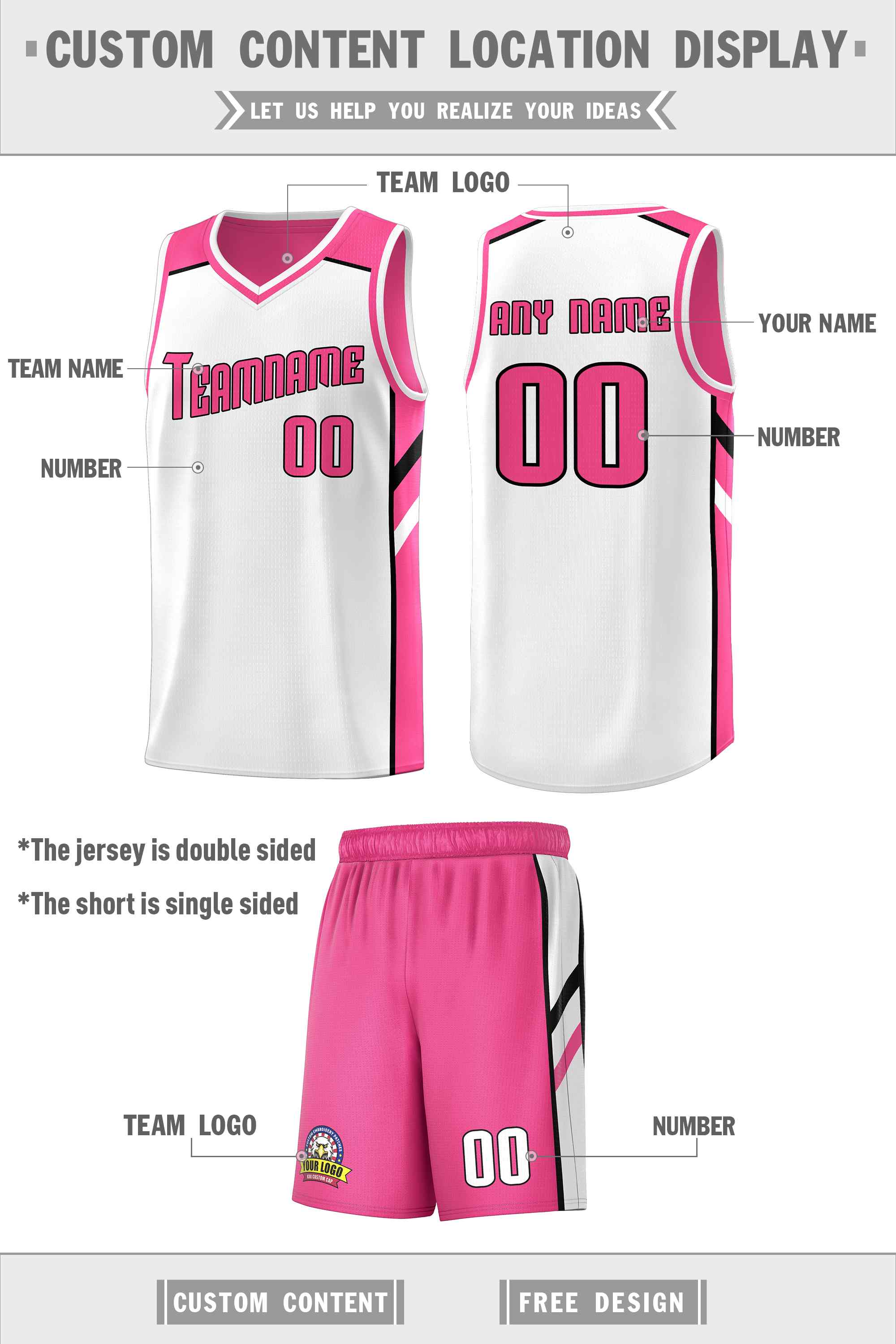 Maillot de basket-ball personnalisé pour hommes, ensemble Double face rose et blanc