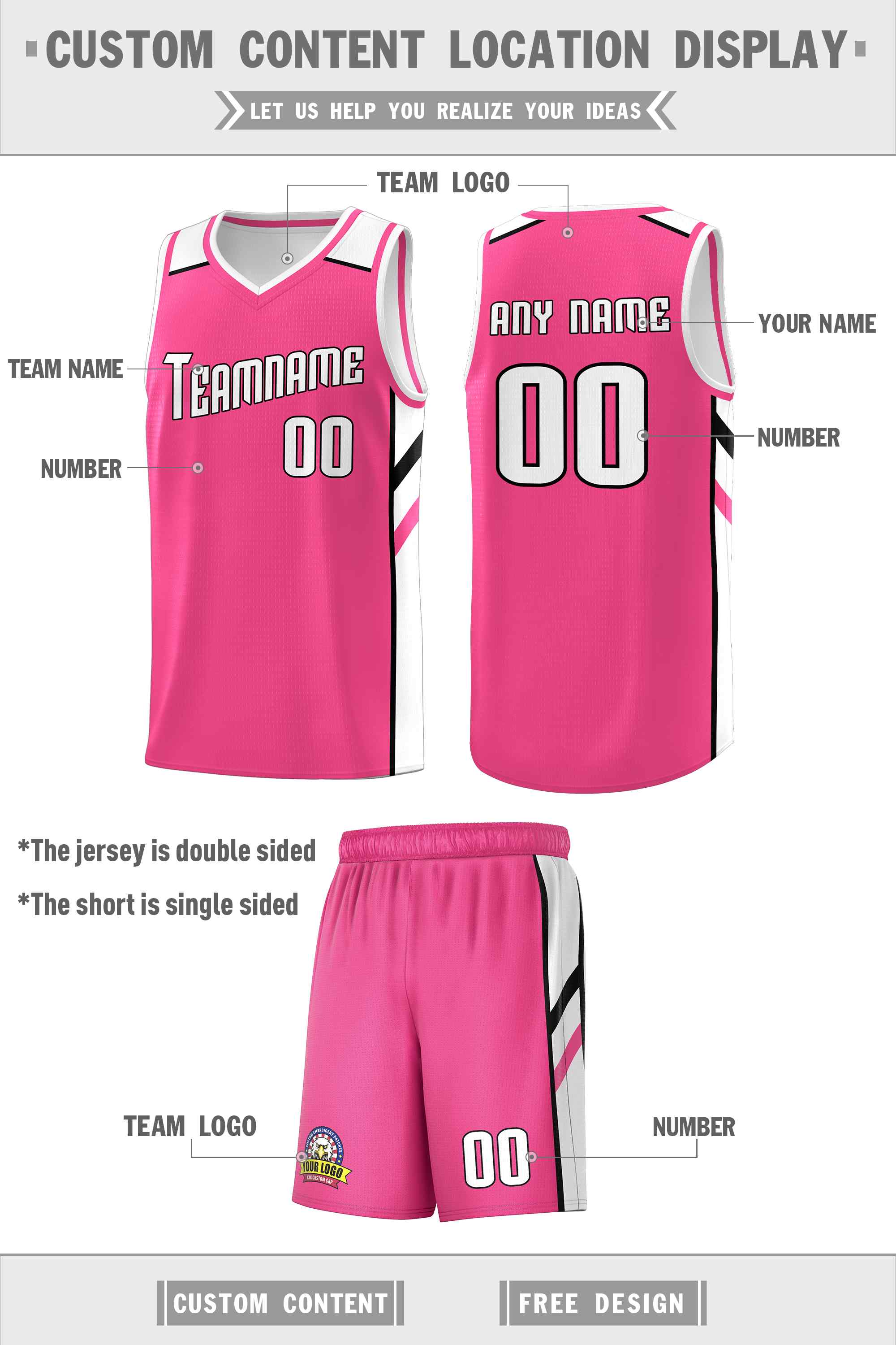 Maillot de basket-ball personnalisé pour hommes, ensemble Double face rose et blanc